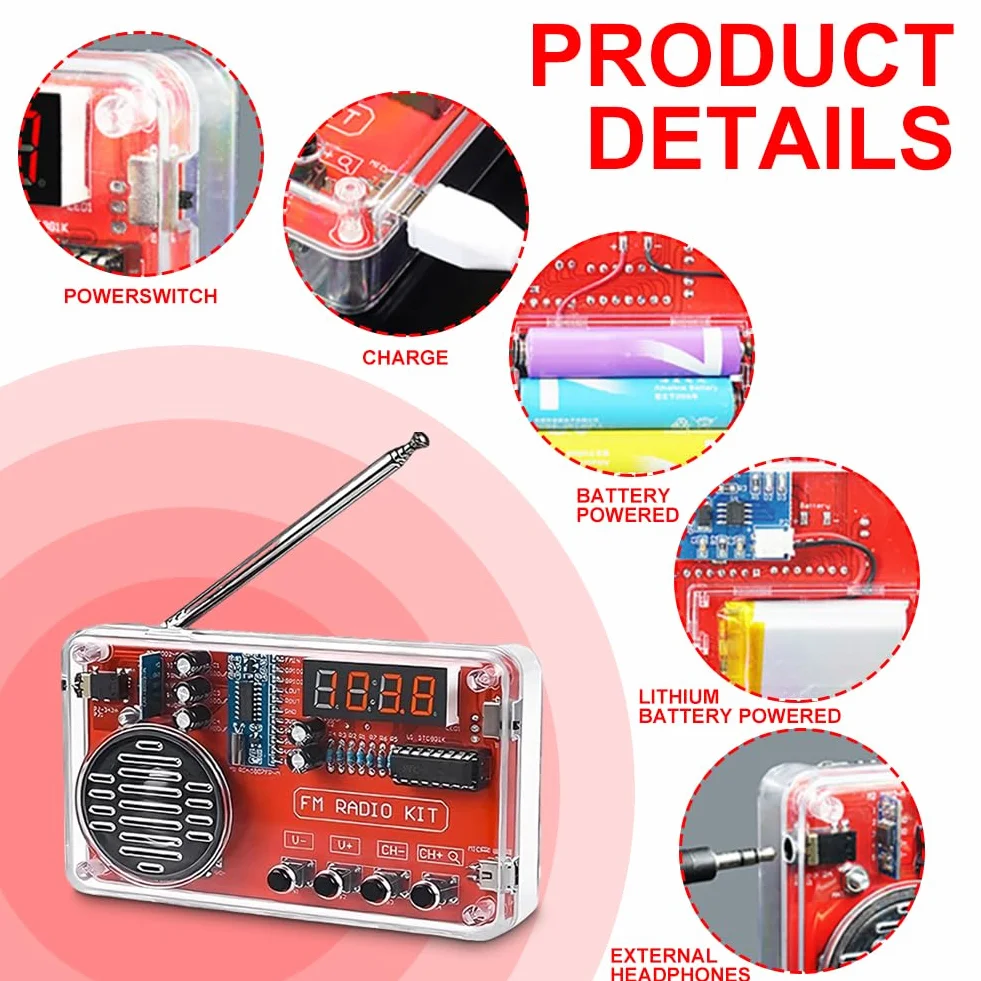 Kit per esercizi di saldatura elettronica con radio digitale e display, kit per elettronica fai da te con modulo di ricarica per principianti, studenti e formazione STEM, pratico set di apprendimento