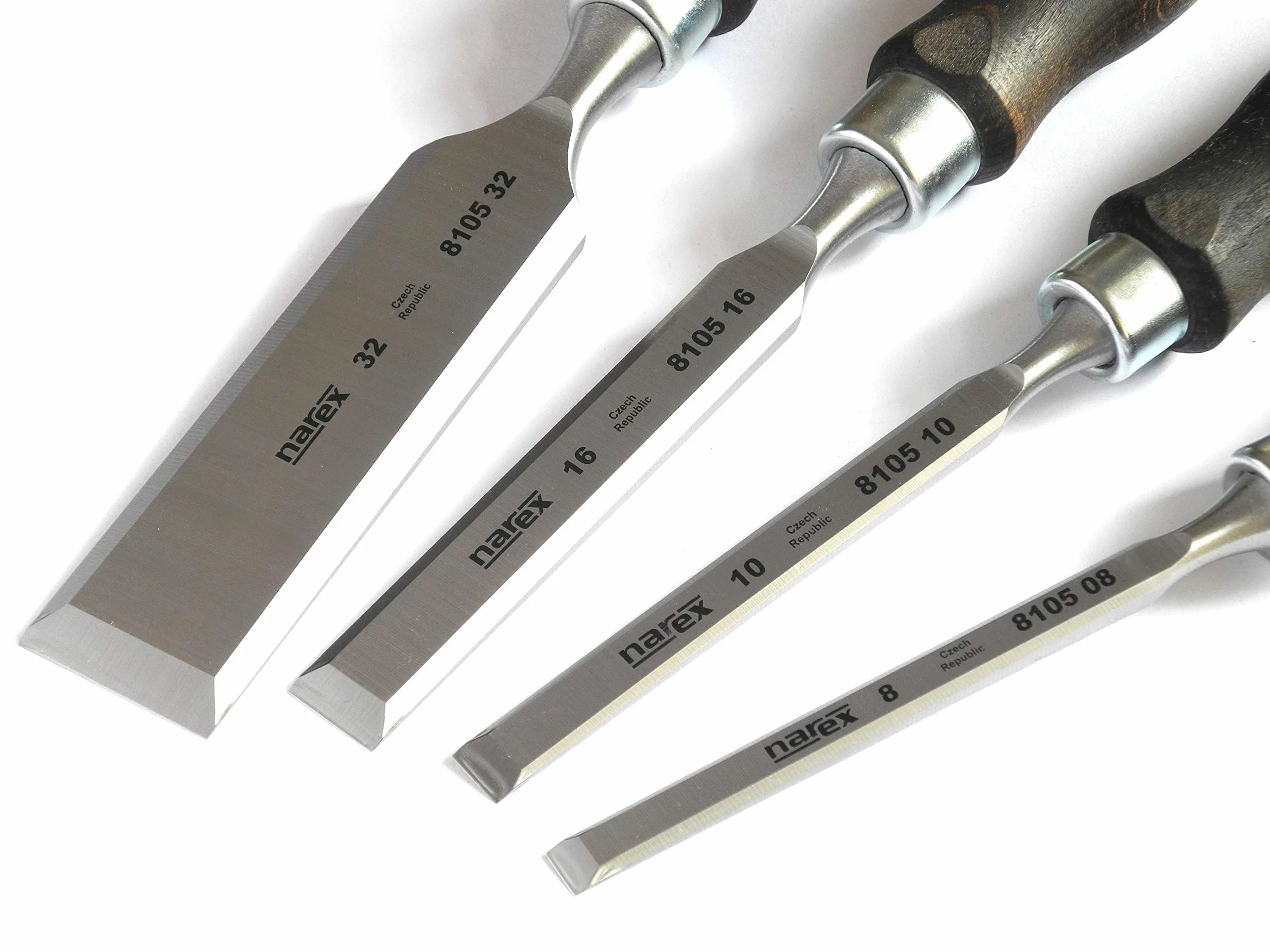 Narex - Set di 4 scalpelli con impugnatura scura (8, 10, 16, 32 mm) in acciaio al cromo manganese con lame forgiate e affilate, manici in legno verniciato e cerato