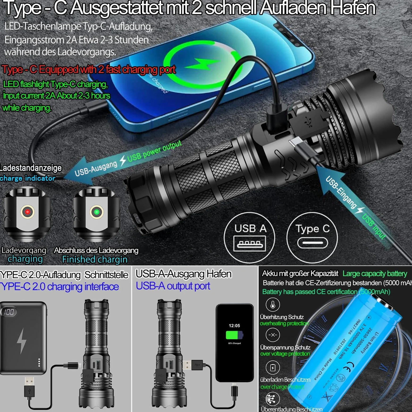 ASORT 【3km di raggio estremo】 torcia led potente professionale 30000 lumen, ricaricabile torcia, IPX67 impermeabile, 5 modalità di luce per campeggio, escursionismo, emergenze (1 * 26650 batteria)