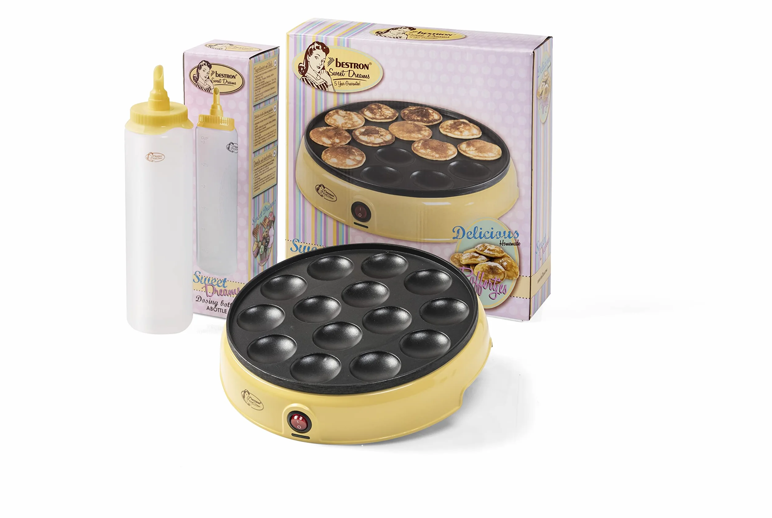 Bestron Poffertjesmaker, confezione vantaggiosa con bottiglia da 700 ml, ideale per Natale, Pasqua o compleanno per bambini, design retrò, 800 Watt, colore: Giallo