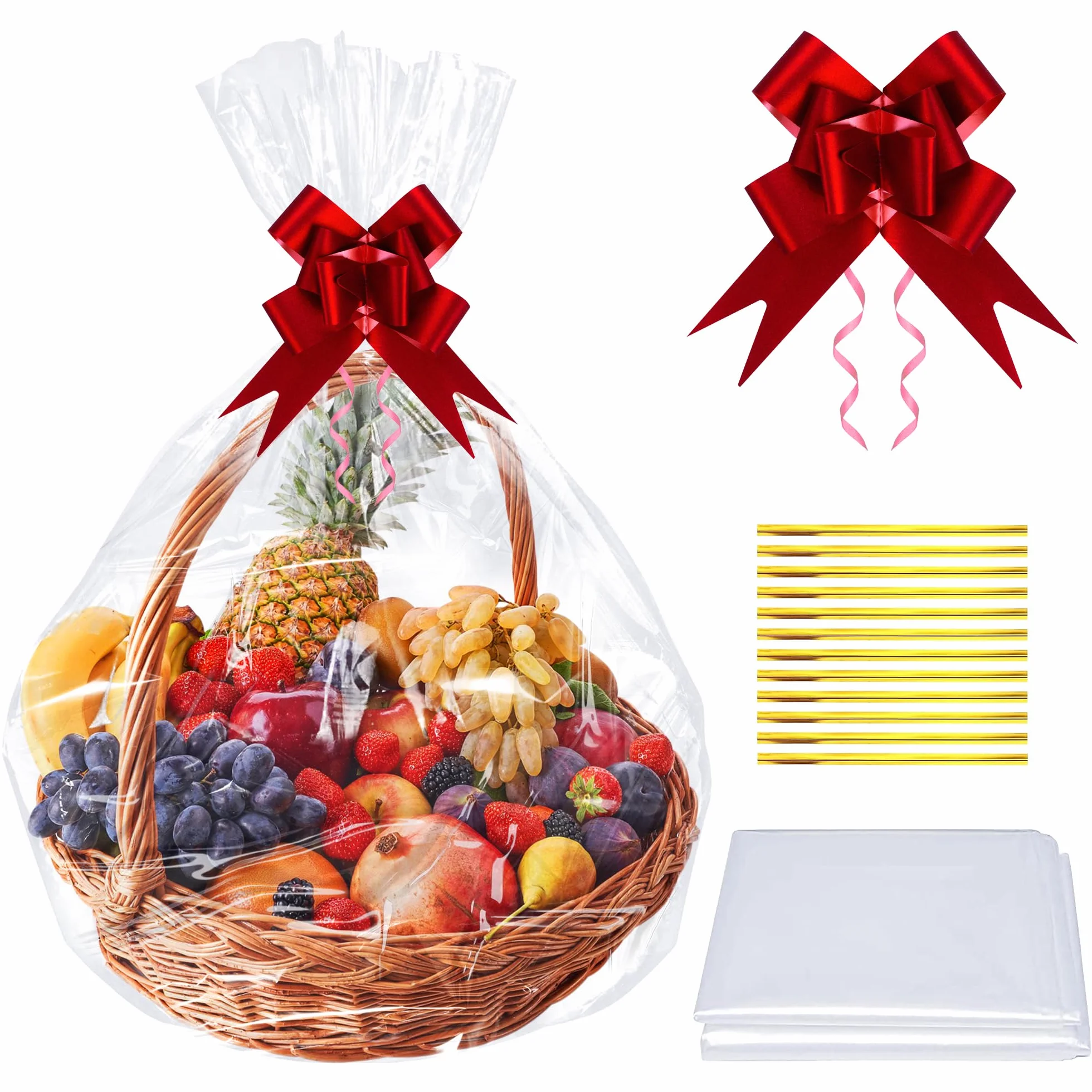 AWCIGG Set Di Sacchetti Grandi in Cellophane per Cesti Regalo, Inclusi 10 Sacchetti di Plastica da 95 x 70 cm, 10 Fiocchi e Lacci, Sacchetti di Carta Trasparente per Cesti E Bouquet Natalizi