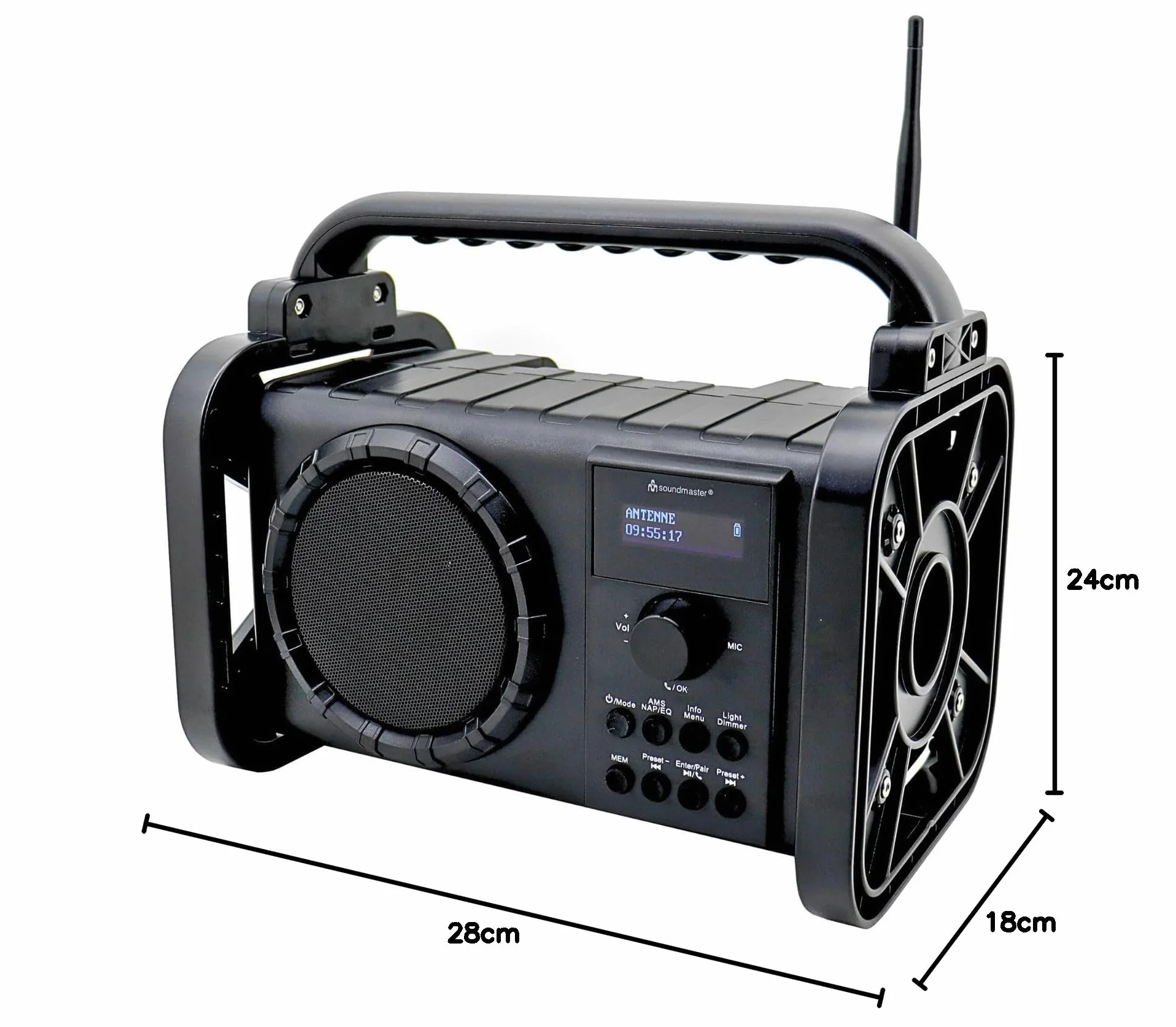 Soundmaster Radio DAB80SW da cantiere con DAB+ FM Bluetooth e batteria agli ioni di litio IP44, resistente alla polvere e agli spruzzi d'acqua, Nero