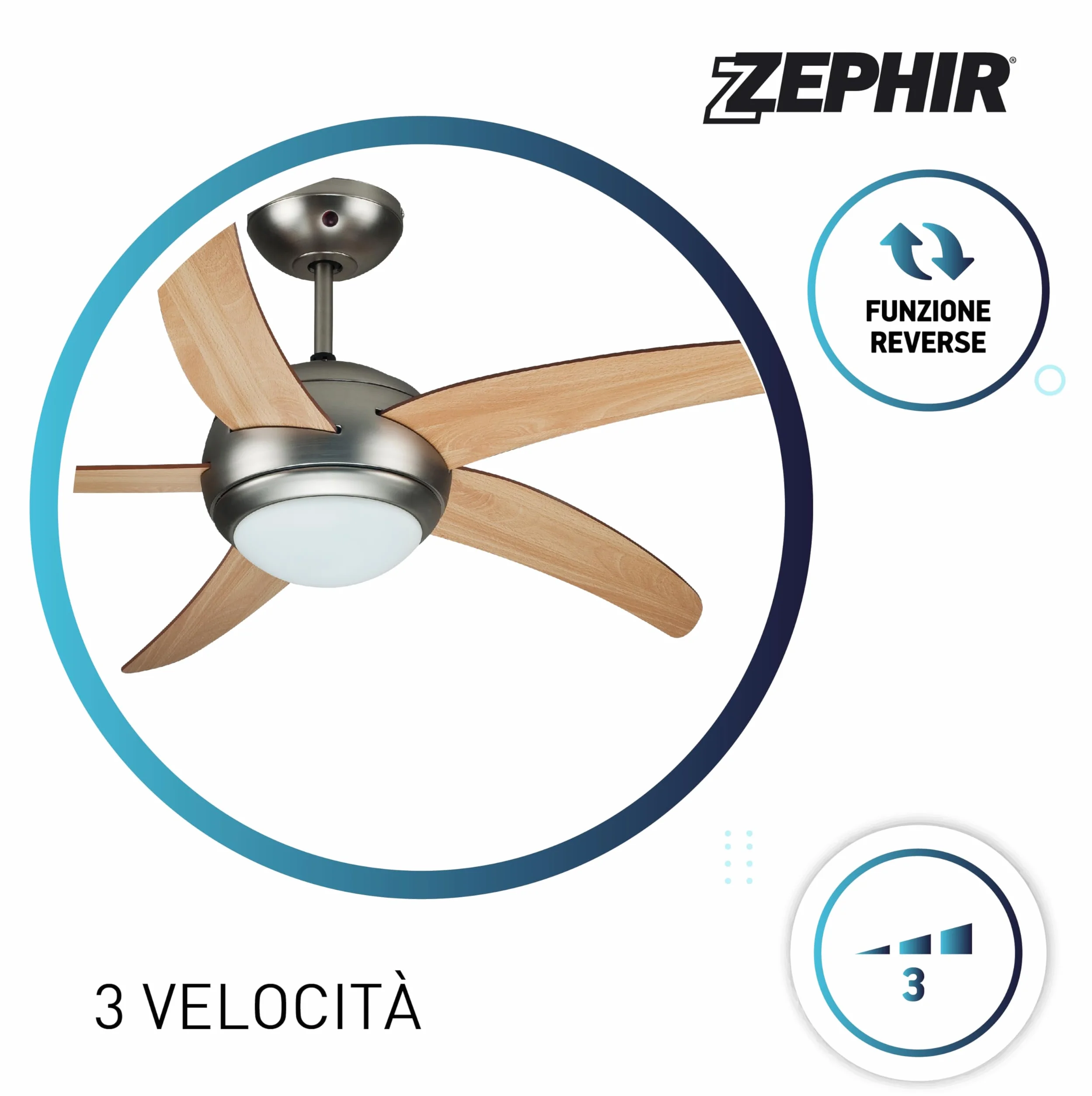 Zephir Ventilatore da Soffitto 5 Pale Legno con Luce 132 cm Ricondizionato