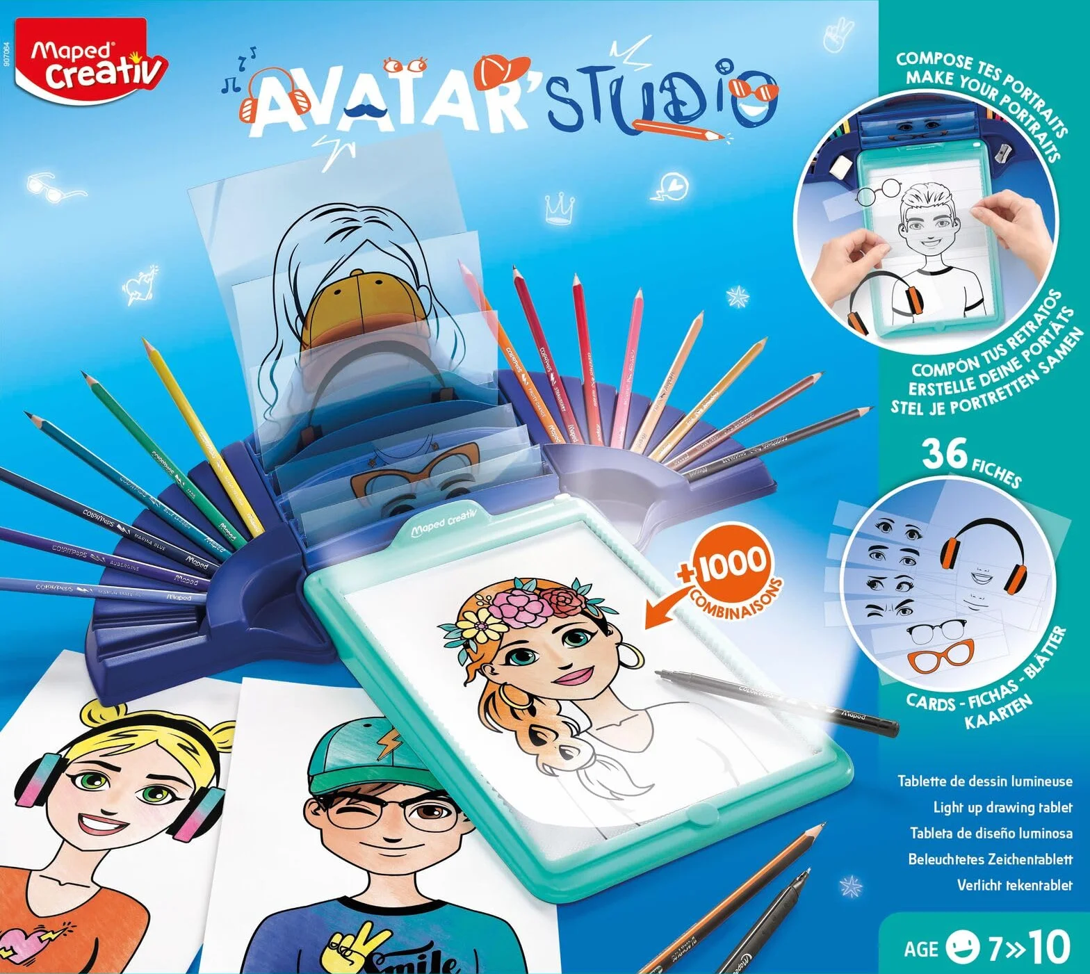 Maped - Artigianato per bambini - Avatar Studio - Collezione Creativ - Scatola luminosa da colorare - Include macchina da disegno con luce e 36 modelli per calcare - Calca e colora avatar