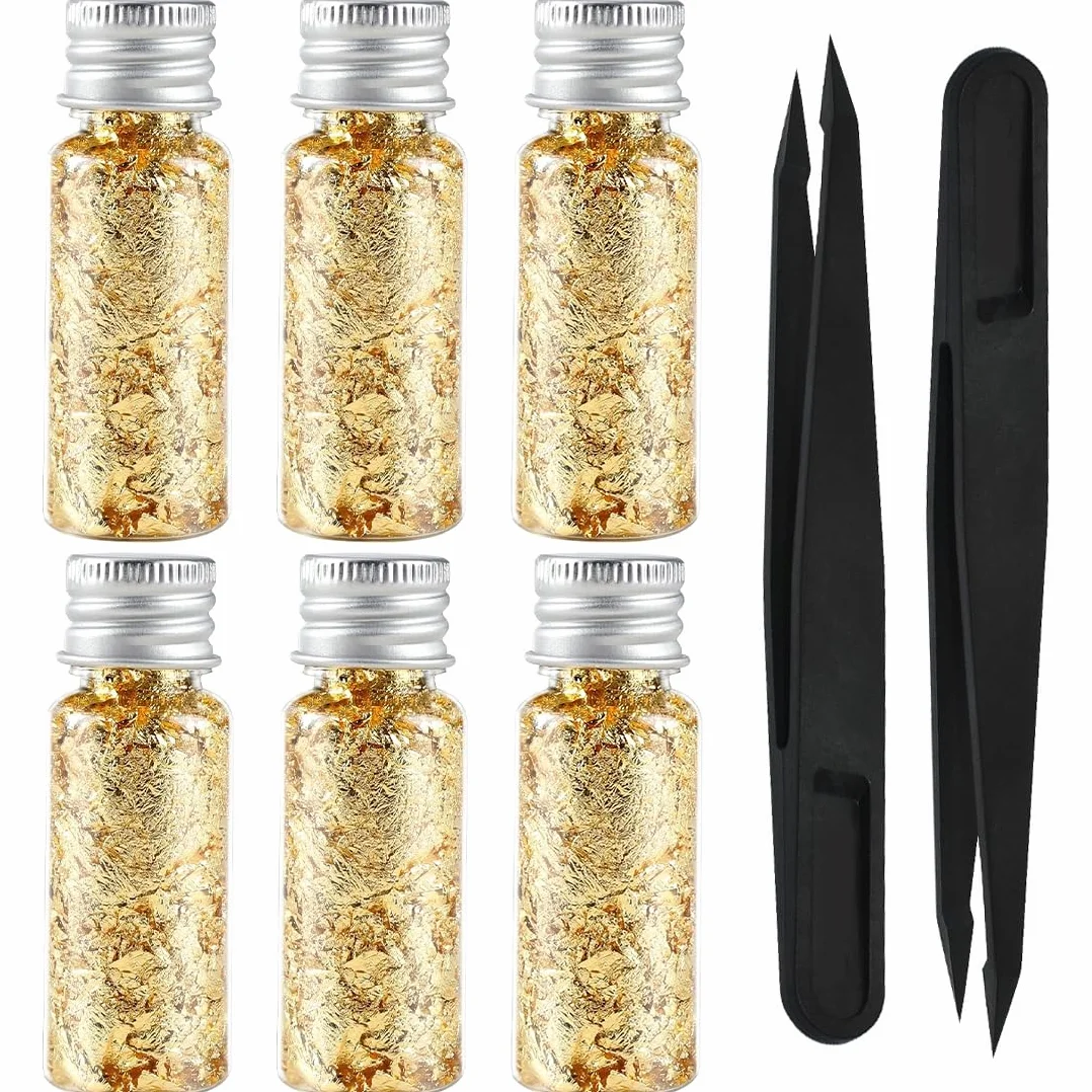 6 Pezzi Foglia Oro Alimentare,Bottiglie Oro Alimentare, Foglia Oro Decorazione Per L'Uso Alimentare Perfetta Per Dolci Vino Gelati Uso In Cucina Fai Da Te,Decorazioni Torta Con 2 Pinzette(Oro)
