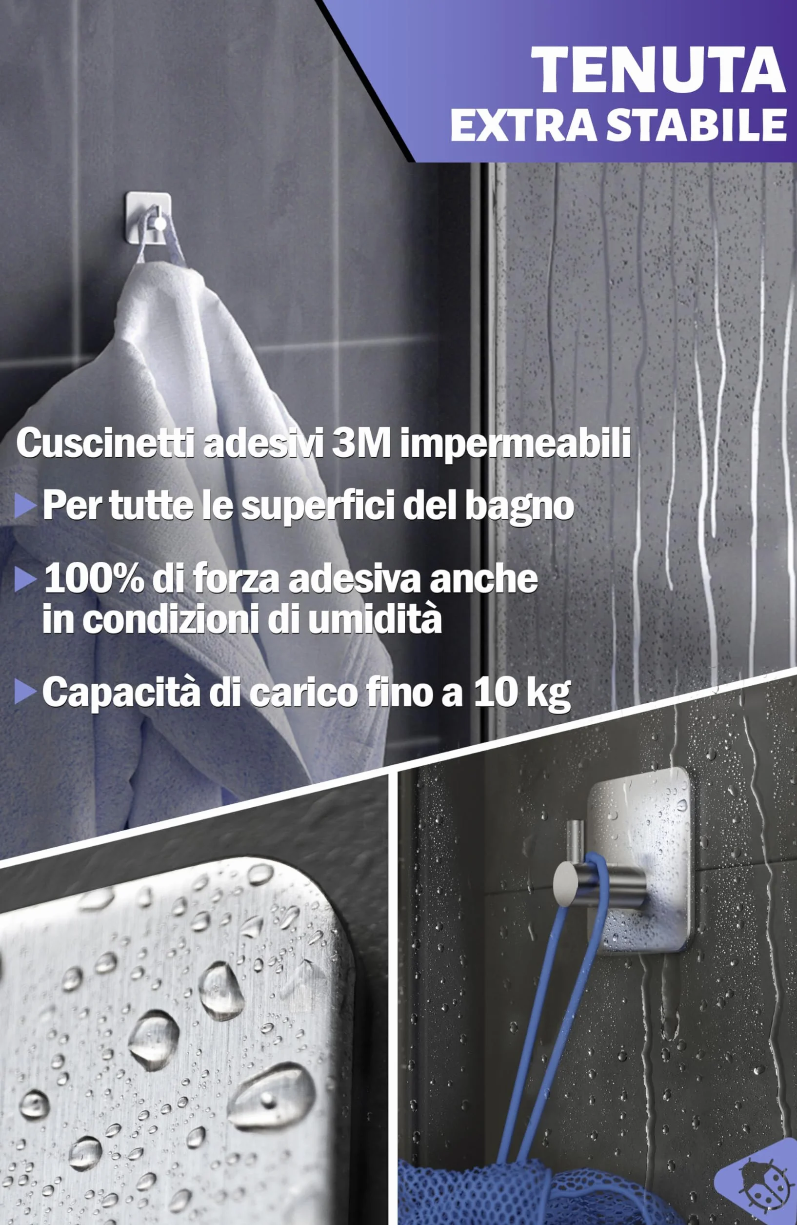 Menz Ganci Adesivi Bagno Set di 4 Acciaio Inox Impermeabili Argento