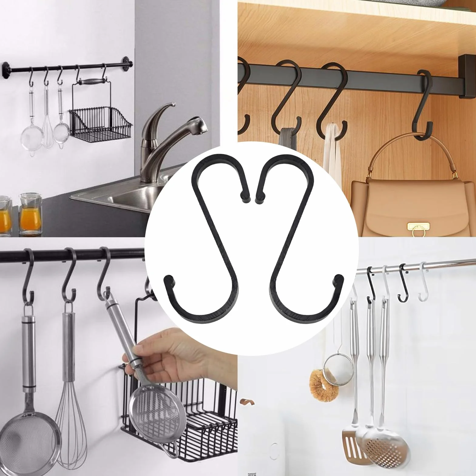 Ganci a S Neri in Alluminio [11 Pezzi], Multifunzione Ganci Appesi S per Pentole e Padelle Sospese Vestiti, Ganci a Forma S per Bagno, Camera da Letto, Ufficio(8,6 X 5,3 CM, Nero)