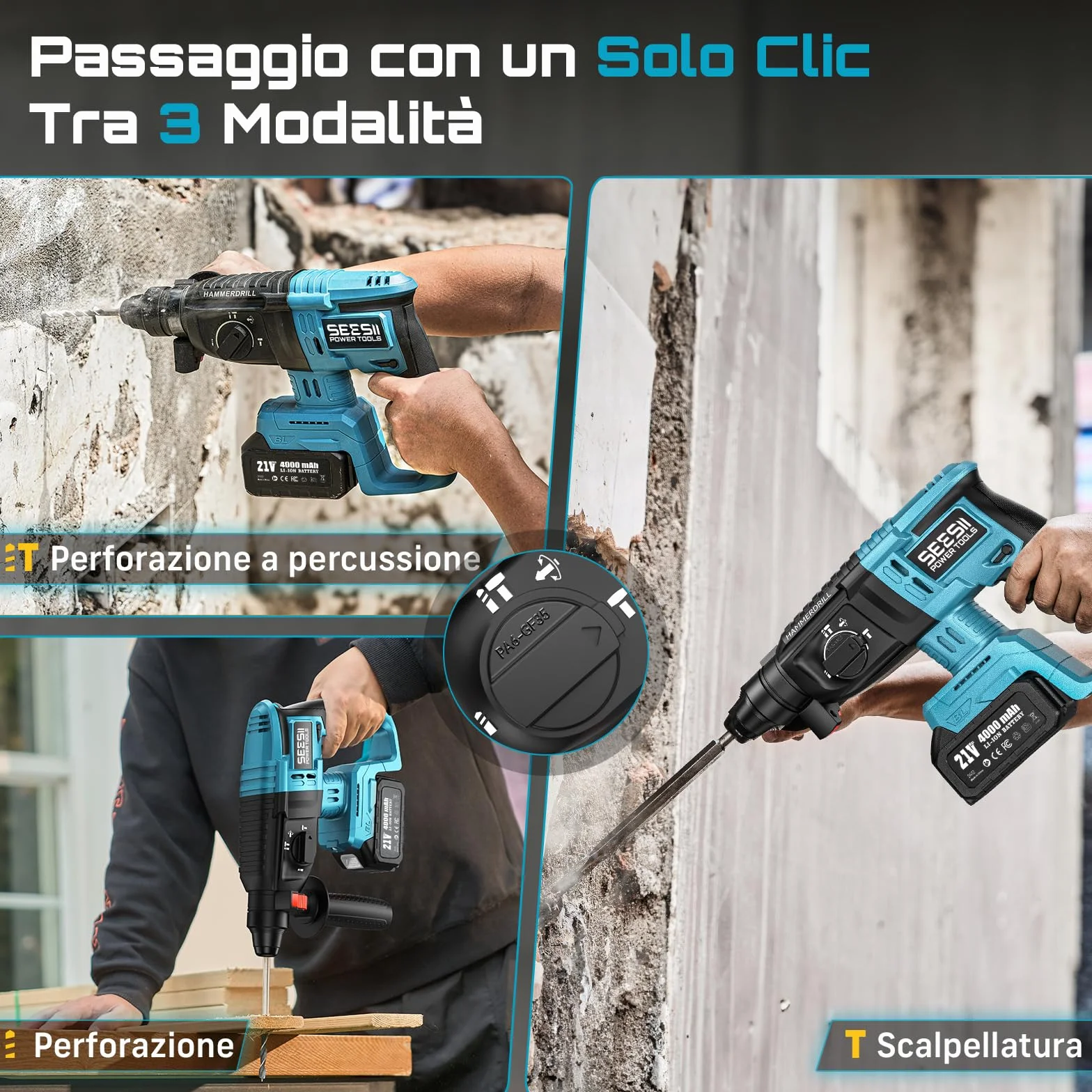 SEESII Tassellatore a Batteria: 600W, Energia d’Impatto 2.5J, con 2 Batterie e Caricatore, Trapano a Percussione Batteria, Martello Perforatore Ideale per Fai-da-te e Lavori Edili