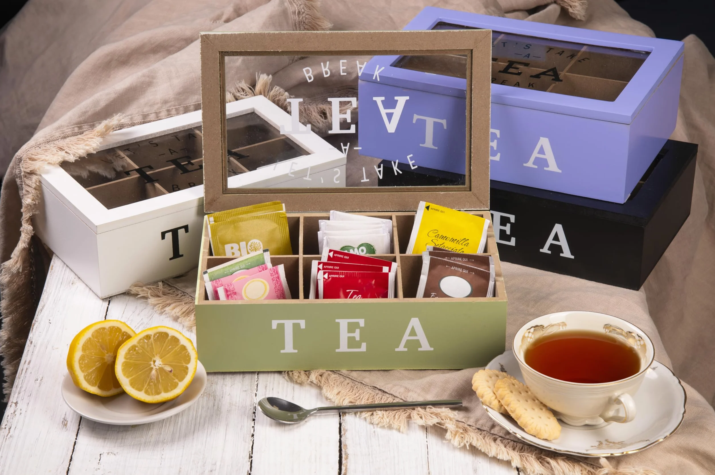 Scatola porta tè e tisane, 6 slot interni, colore verde salvia, Sibilla