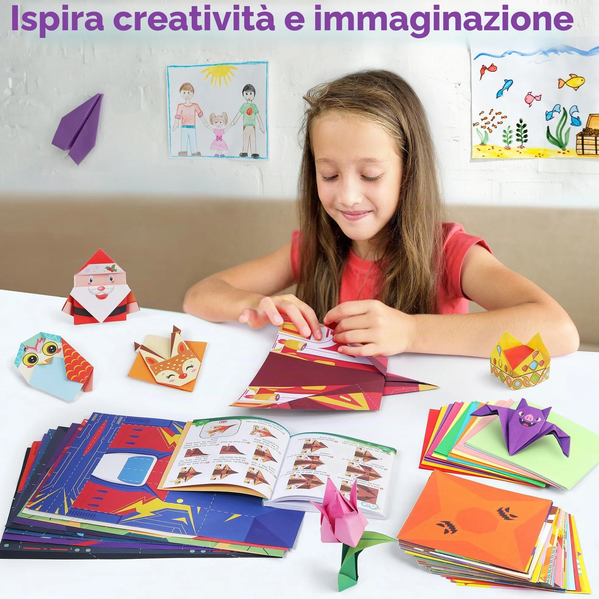 Mocoosy Kit di 320 fogli per origami per bambini dai 5 agli 8 anni e dai 9 ai 12 anni, set di aerei di carta, insieme di carta pieghevole colorata con libro di origami, arte e artigianato per ragazzi