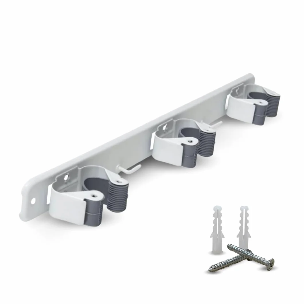 PARENCE.- Supporto da parete a triplo avvitabile per scopa e accessori - Gancio per scopa 3 supporti + 2 ganci - 37cm