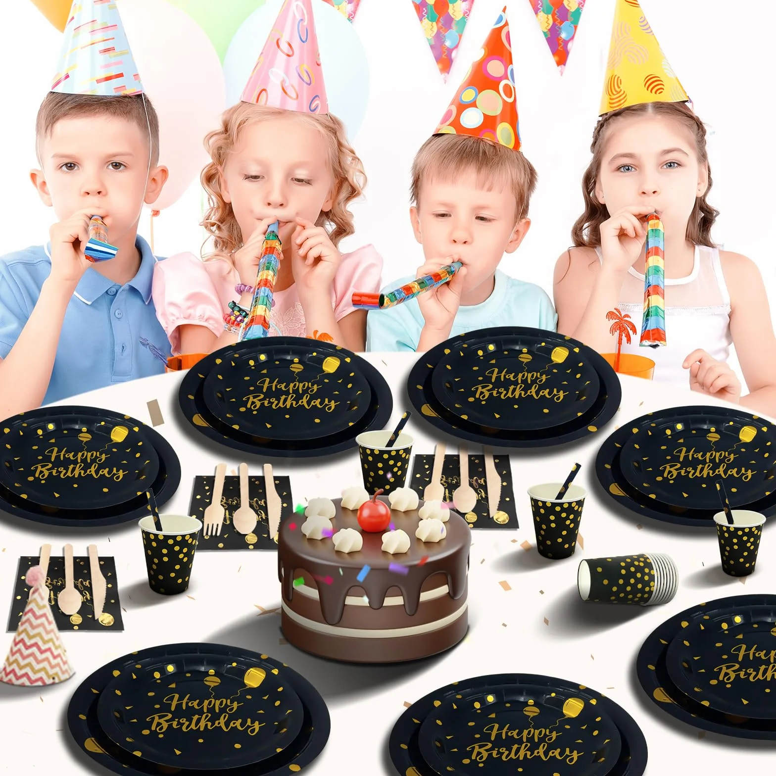 Compleanno Stoviglie Oro Nero 193 Pezzi Set Piatti Tovaglioli Tazze Carta 24 Ospiti