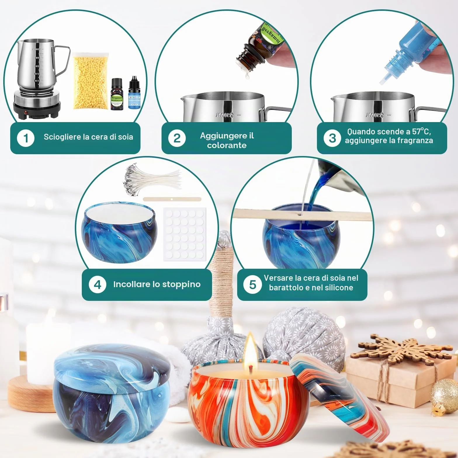 BGIUSQF Kit Candele Fai Da Te, Set per Realizzare Candele Include 8 Barattoli, 4 Confezioni di Cera D'api, Crogiolo, 30 Stoppini