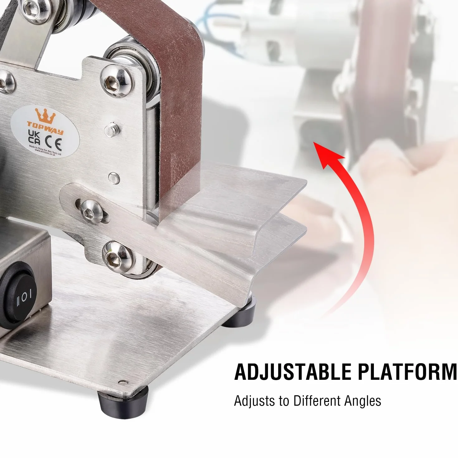 TOPWAY Mini Levigatrice Elettrica a Nastro, Levigatrice a Nastro Multifunzione Smerigliatrice da Banco con 7 velocità Regolabili e 20 Pezzi Nastri da 330 x 30 mm e Ruota Lucidante in Tessuto