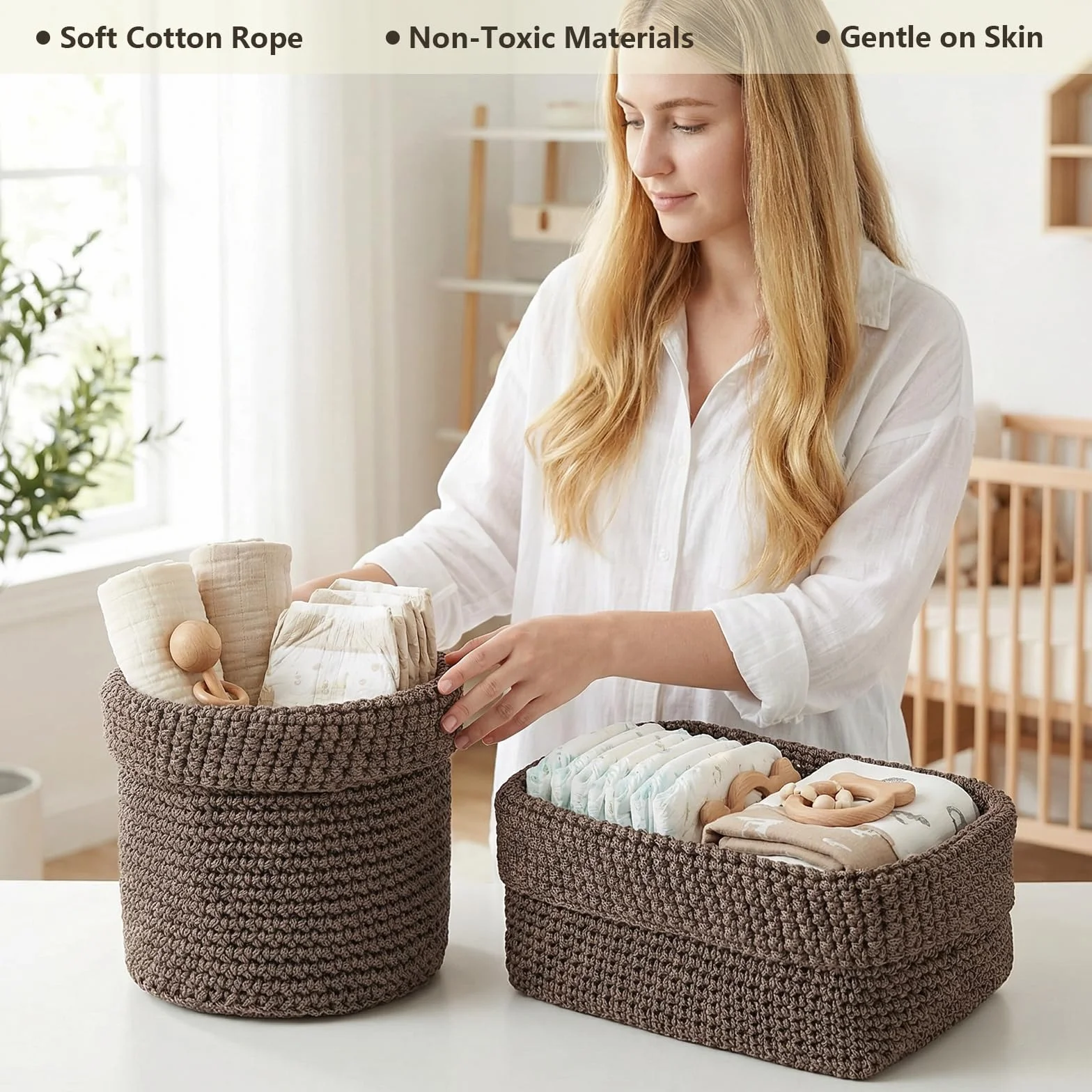 Set di 2 Cestini Intrecciati per Organizzare, Cesto in Corda di Cotone, Impilabile Organizer, Ceste Portaoggetti per Bagno,Cestino Decorativo per Soggiorno,per Cucina, Bagno, Camera da Letto (Marrone)