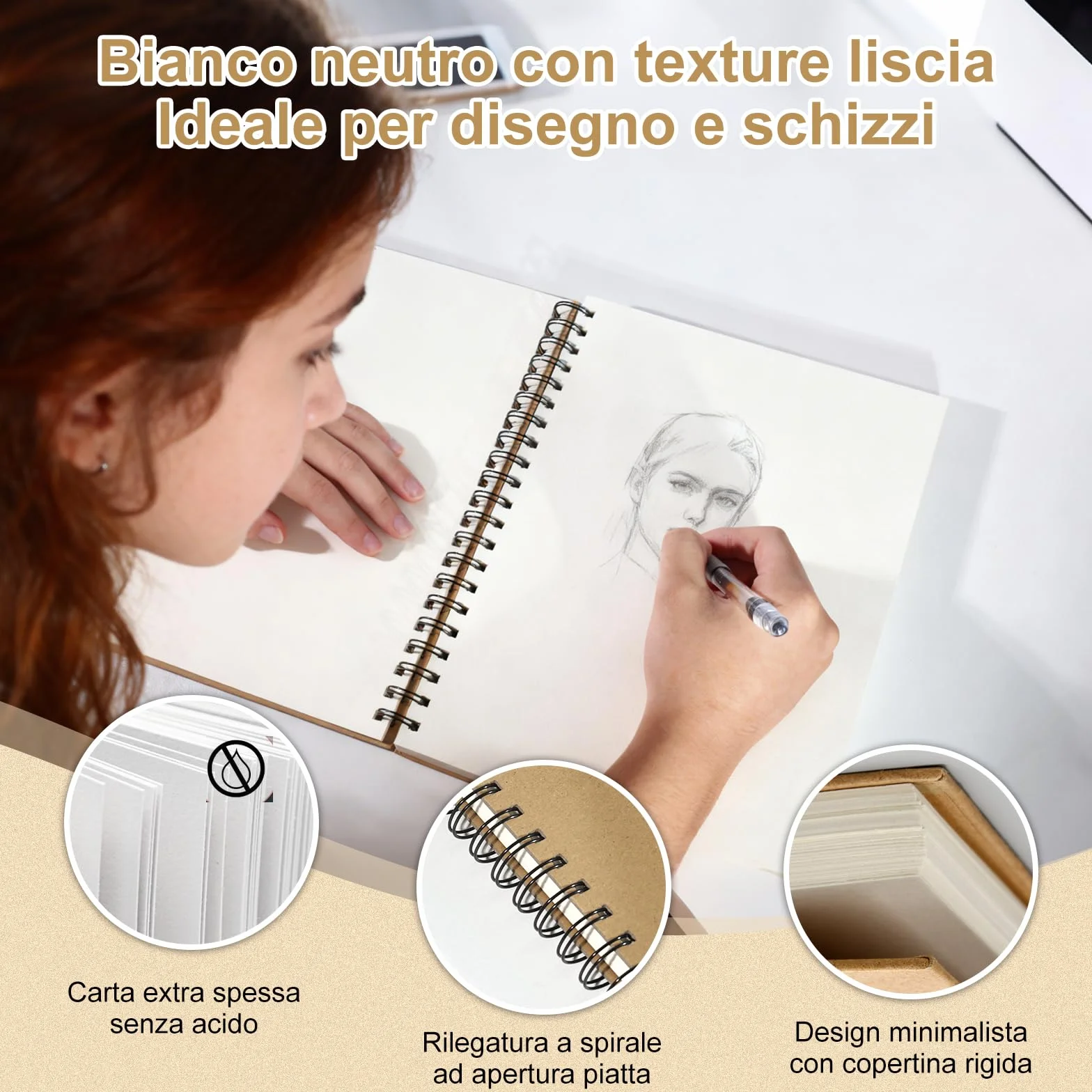 60 Fogli 120 Pagine Blocco per Schizzi A4 con Rilegatura a Spirale, Carta 160 g/m², Copertina Rigida, Album da Disegno A4 Sketchbook, Quaderno Artistico per Bambini e Professionisti, Illustrazioni