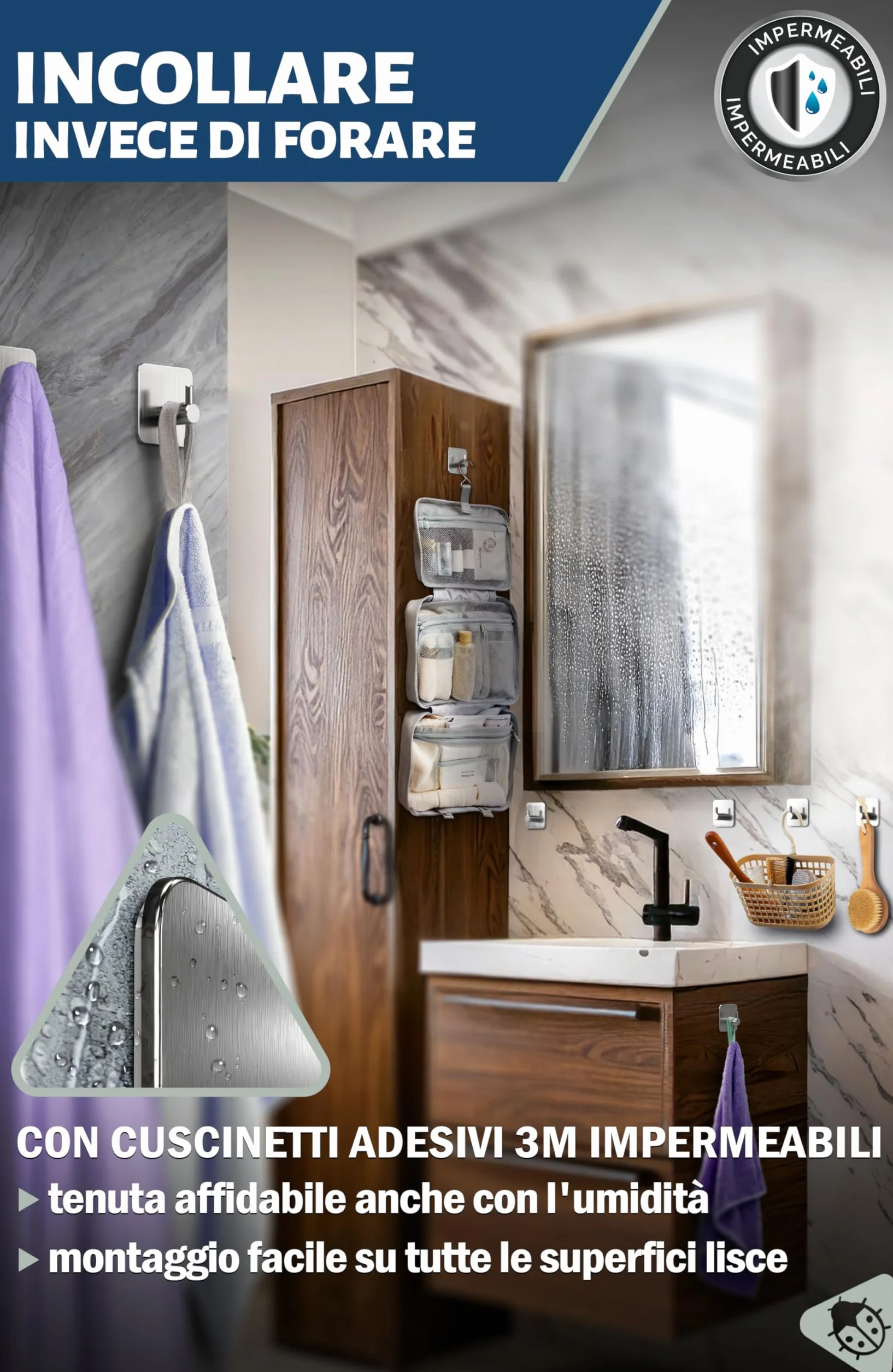 Menz Ganci Adesivi Bagno Set di 4 - Adesivi Acciaio Inox Impermeabili per Cucina e Pareti Argento