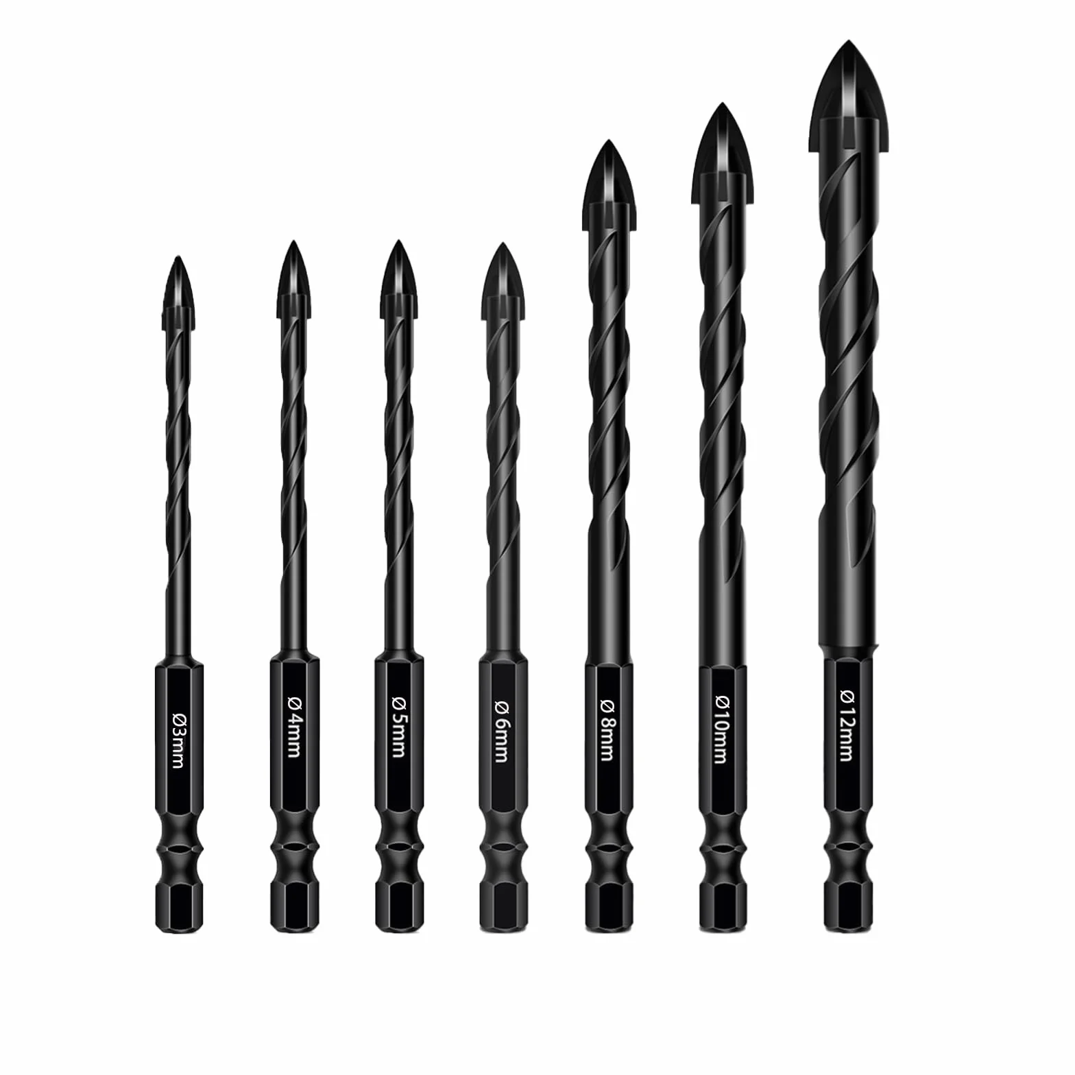 Set di punte per piastrelle, 7 pezzi, 3/4/5/6/8/10/12 mm, attacco esagonale, punta per vetro, ceramica, muratura, vetro, plastica, legno, porcellana, metallo morbido