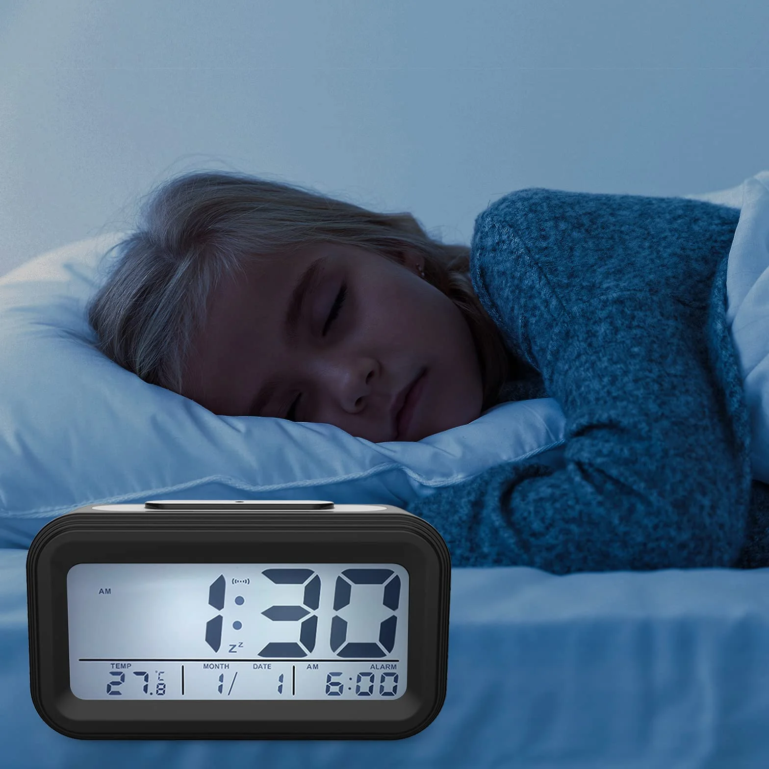 Coolzon Sveglia Digitale LCD Schermo Silenziosa Batteria Data Temperatura Snooze Luce Notturna Allarme Forte Nero