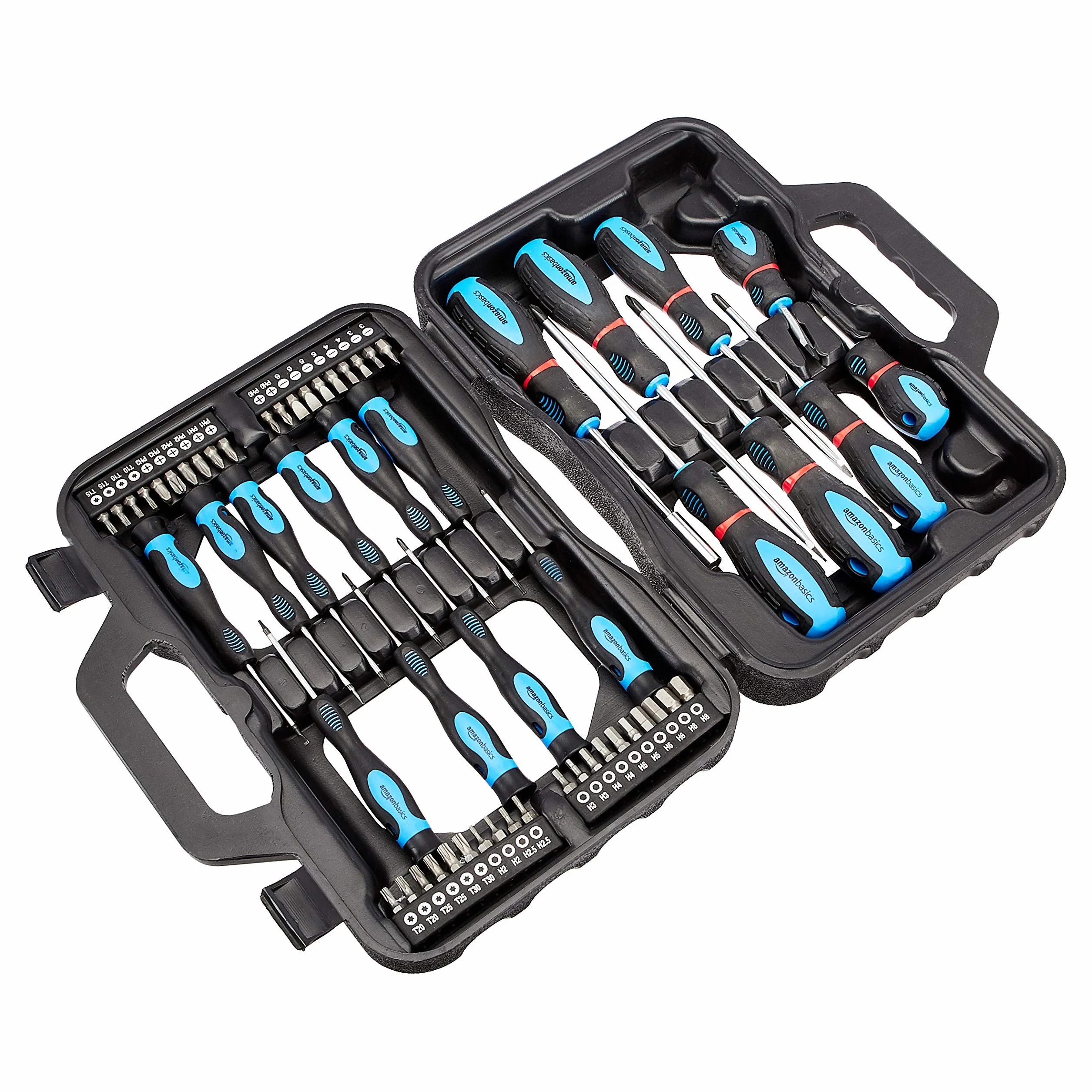 Amazon Basics Set di cacciaviti di precisione, a taglio, a croce, Torx, confezione da 58 pezzi, Nero