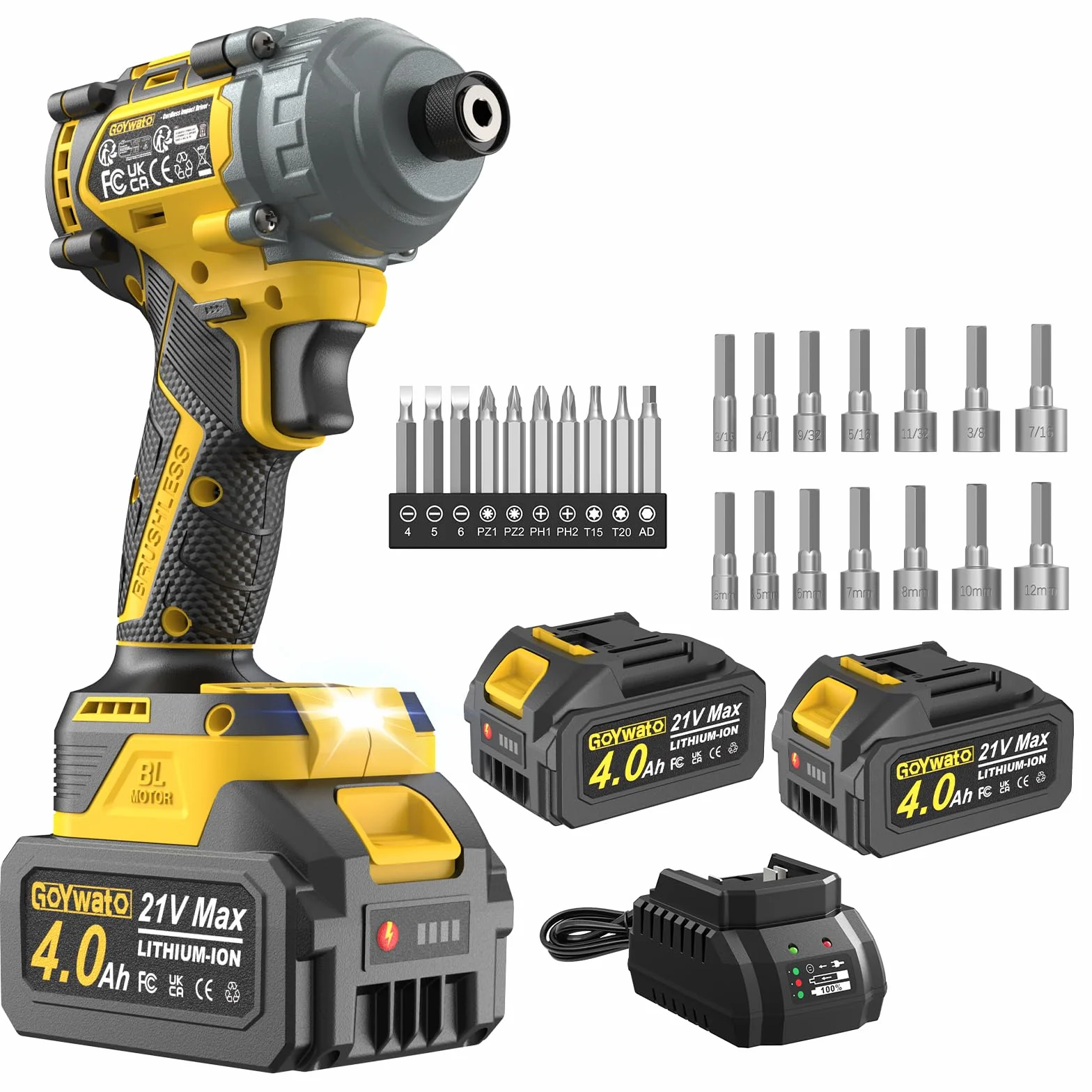Avvitatore ad Impulsi 21V Brushless 290 Nm 1/4" con 2 Batterie 4.0 Ah e Punte