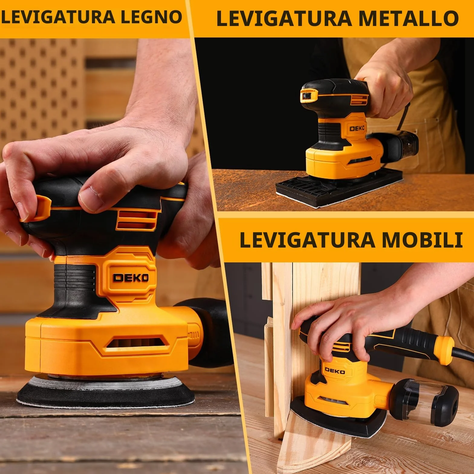 DEKOPRO Levigatrice Orbitale 3-IN-1 300W 13000RPM 6 velocità con accessori