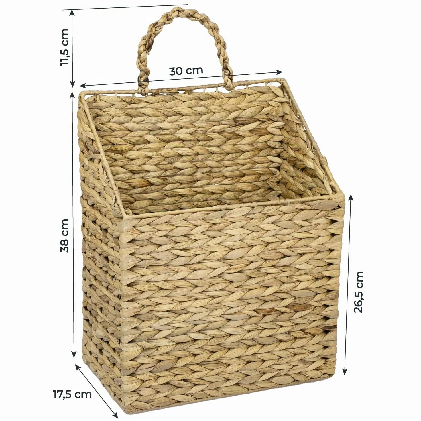 HMF Cestino sospeso intrecciato in giacinto d'acqua, cestino per giornali da appendere, 30 x 17,5 x 38 cm