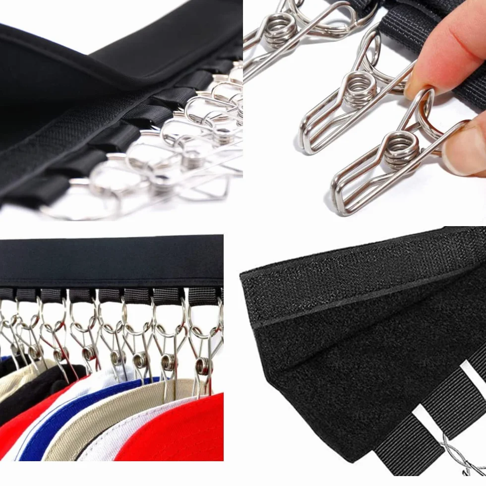 2 organizer per cappelli da baseball, con 10 clip in acciaio inox, per armadio, cappelli, calze, sciarpe, cravatte, per viaggi, hotel, casa, guardaroba (nero)