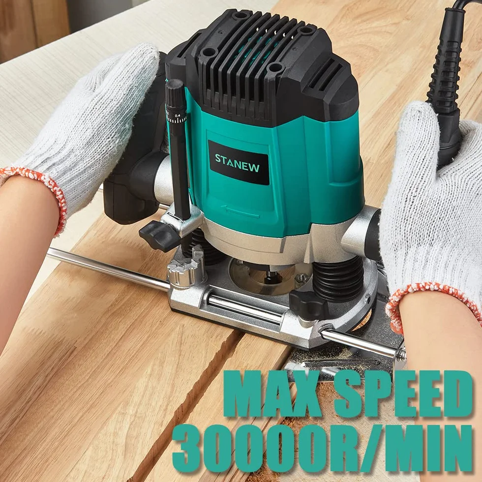 Fresatrice Verticale Elettrica 1200 W 16000-30000 RPM STANEW, Fresatrice per Legno Multifunzionale con Set di 12 frese,6 Velocità, Regolazione Della Profondità Della Fresa.