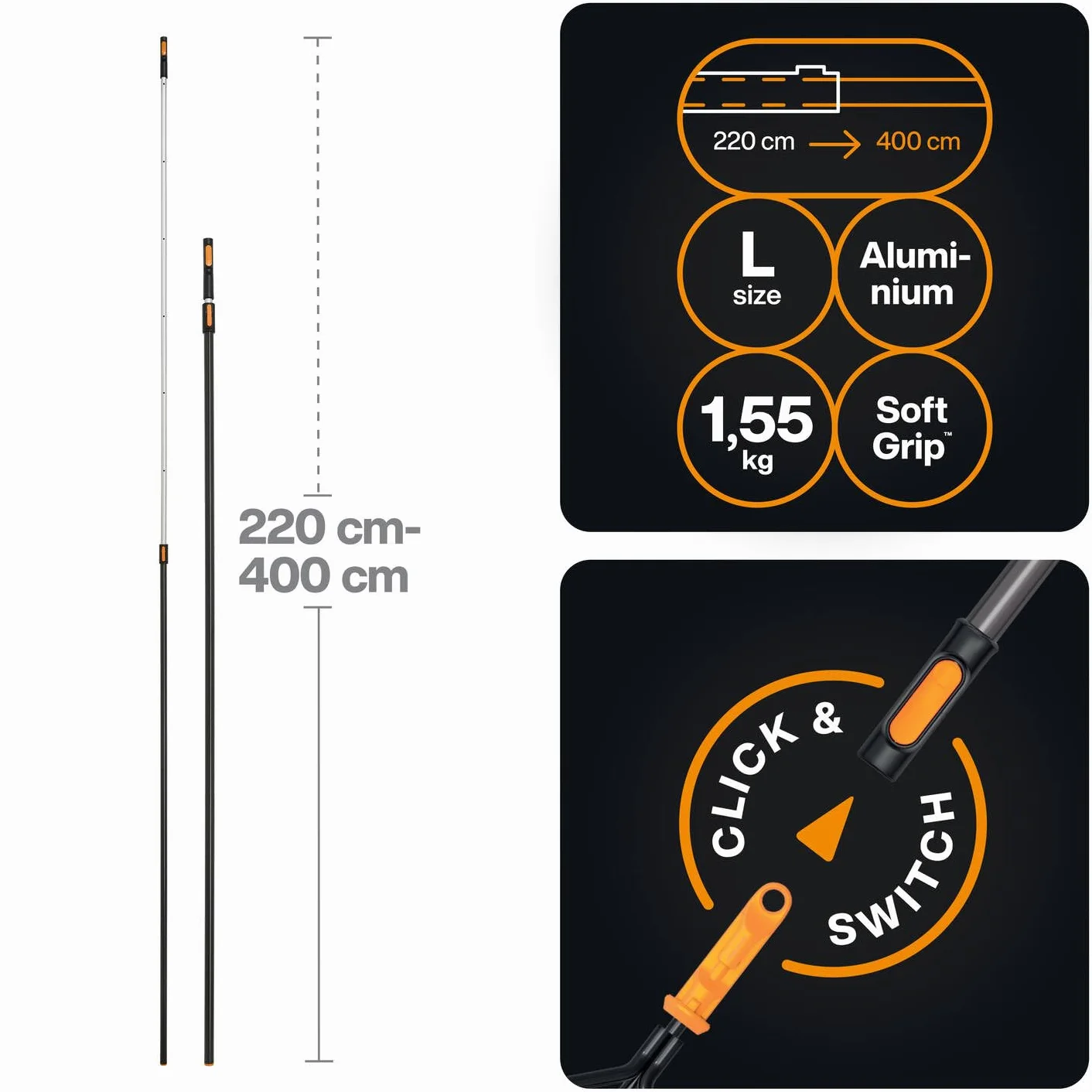 Fiskars OneClick Manico Telescopico L, Sostituzione con un Clic, Adattatore QuikFit Disponibile Separatamente, Manico Estendibile da 2,20 m a 4 m di Lunghezza, 1,55 kg, Nero/Arancione, 1080672