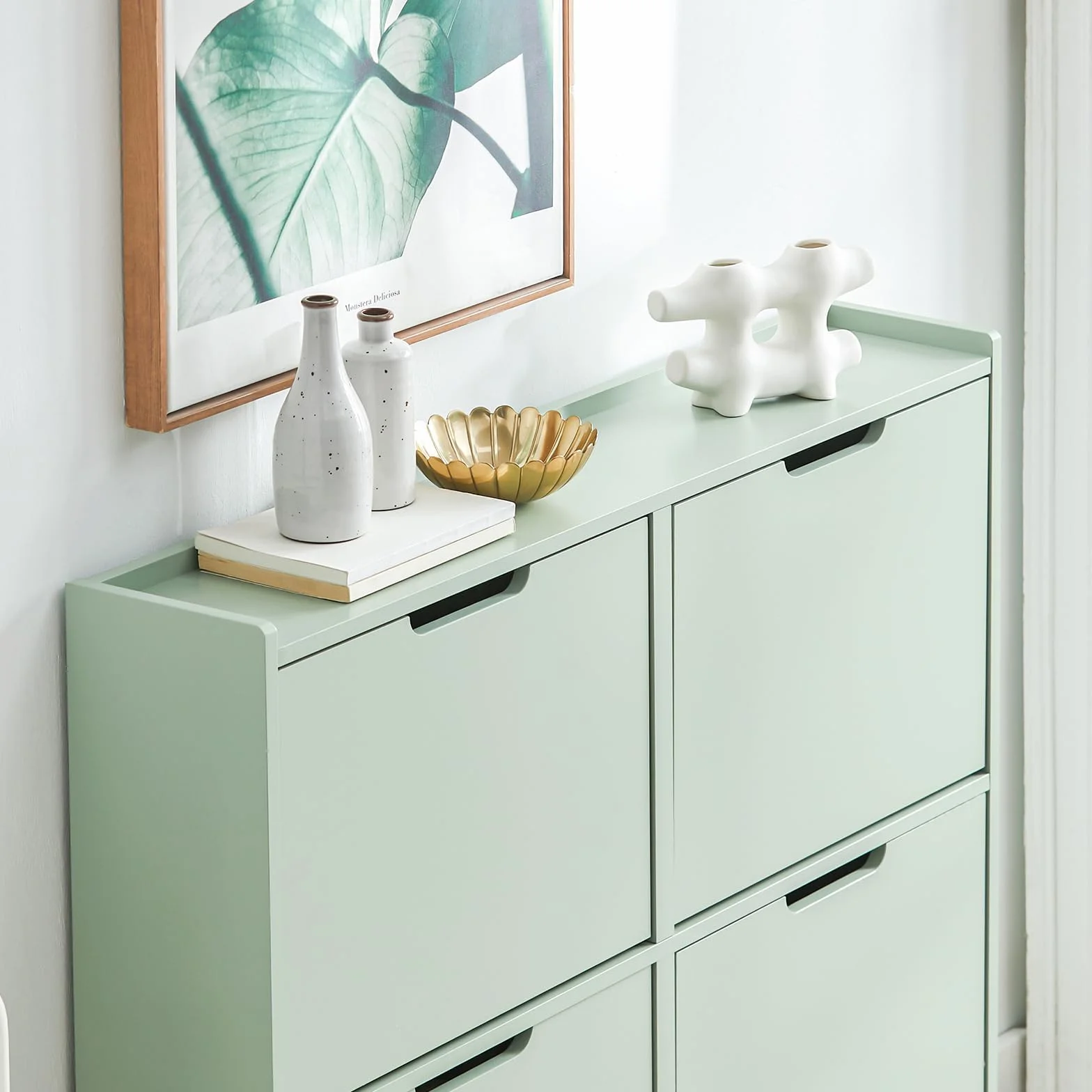 SoBuy Scarpiera Salvaspazio Slim da Ingresso Mobile Portascarpe con 4 Ante a Ribalta Regolabili in Legno Armadio Scarpiera Alta e Stretta per Corridoio, 100x19x91 cm，Verde Chiaro, FSR100-GR