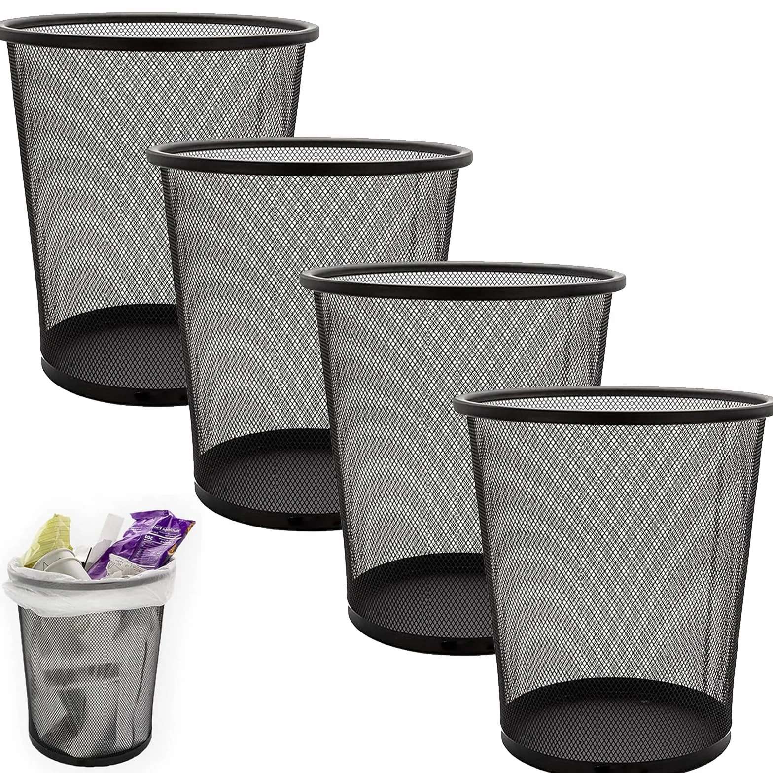 SENENQU 4 Pezzi Cestino Spazzatura, Cestino Ufficio in Rete Metallica 12L, Gettacarte Nero Aperto per Scrivania, Camera, Bagno e Casa, Design Elegante 26 x 23,5 x 19 cm
