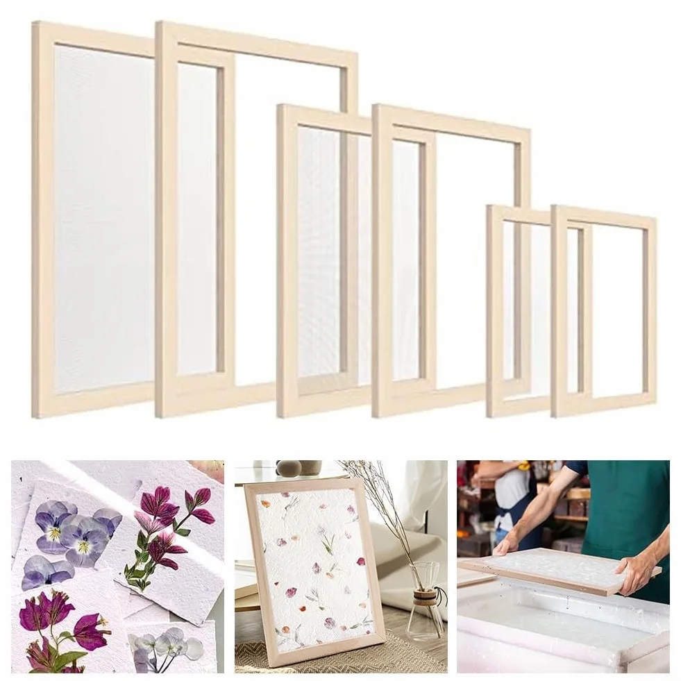 Kit per la creazione di carta fai da te con cornici in legno di 3 dimensioni per A4, A5 e A6, set di carta fatta a mano con spugna assorbente e schermo, forniture per libri per principianti