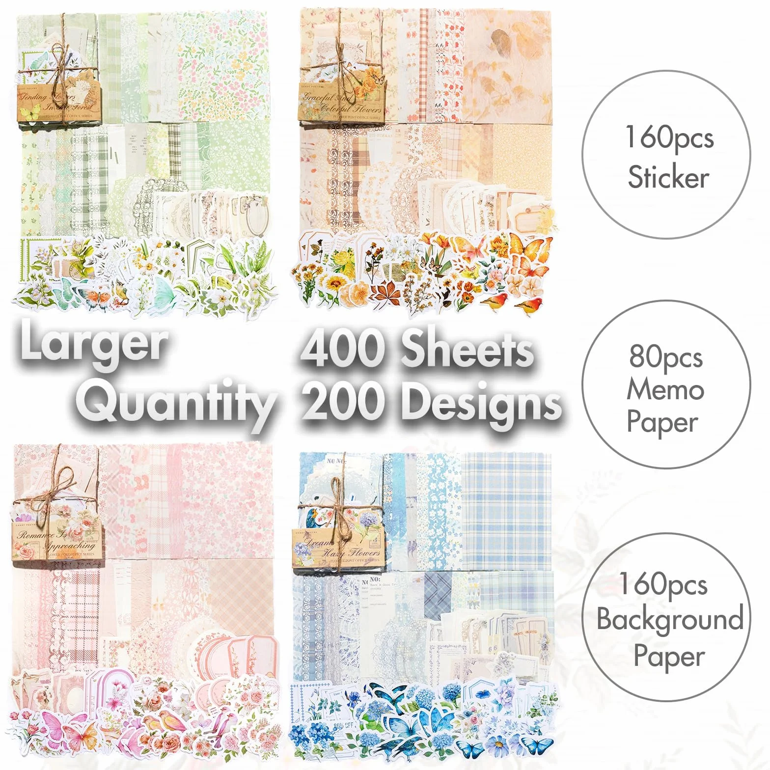 Kit Scrapbooking Vintage 400 Pezzi – Carta Scrapbooking e Adesivi Floreali per Album, Diario, Bullet Journal e Collage – Scrapbooking Accessori con Stickers Aesthetic, Fai da Te e Artigianato Creativo