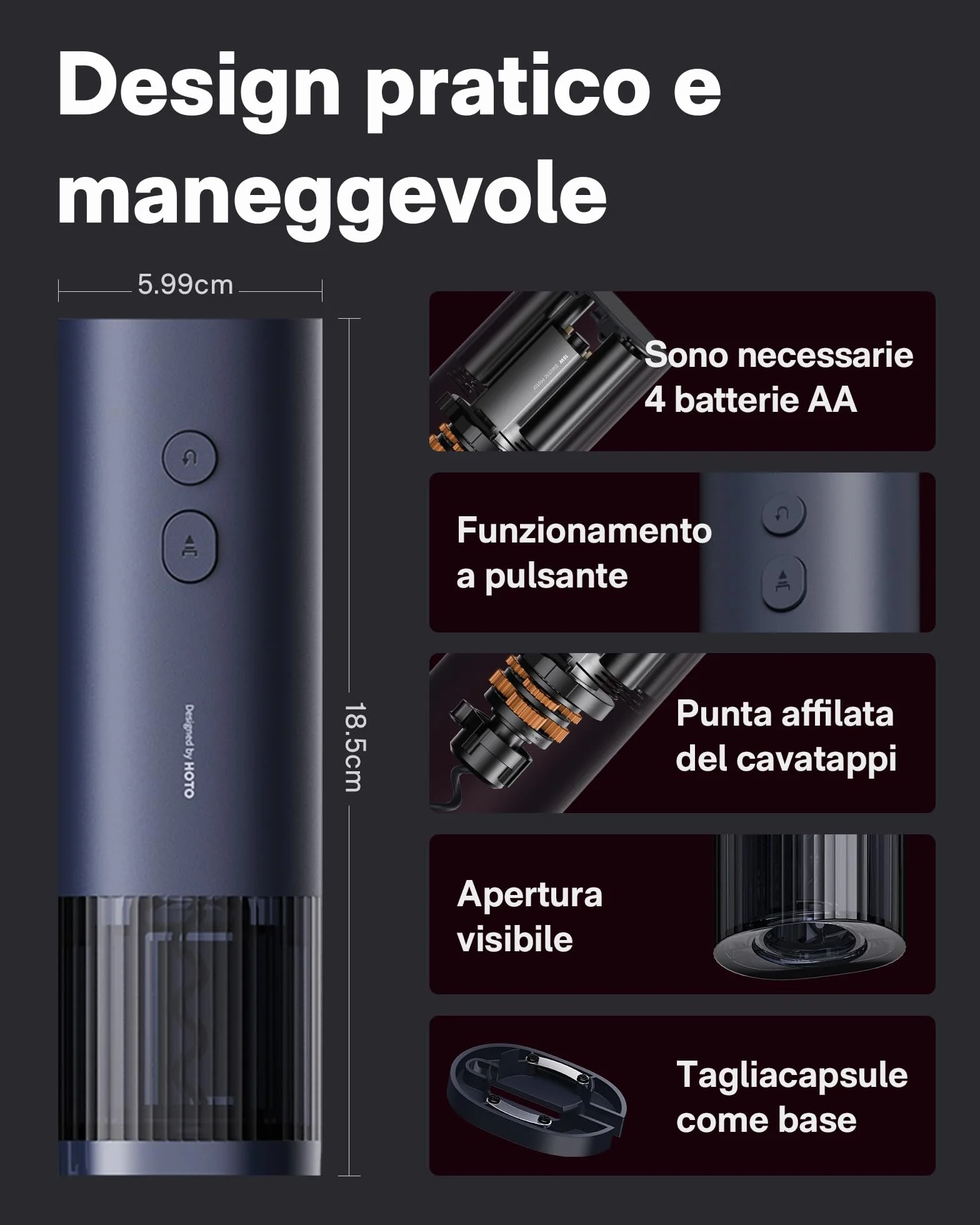 HOTO Cavatappi Elettrico, Apribottiglie elettrici, Tagliafoglie Nascosto, Avvio con Un Solo Pulsante Entro 10 Secondi, Batterie Sufficienti Può Aprire 170 Bottiglie,appuntamenti e amanti del vino