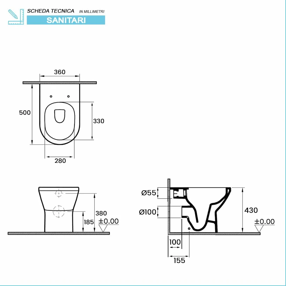 Wc singolo filomuro bianco lucido senza brida, scarico universale a parete o a pavimento, fissaggi inclusi, ITACA