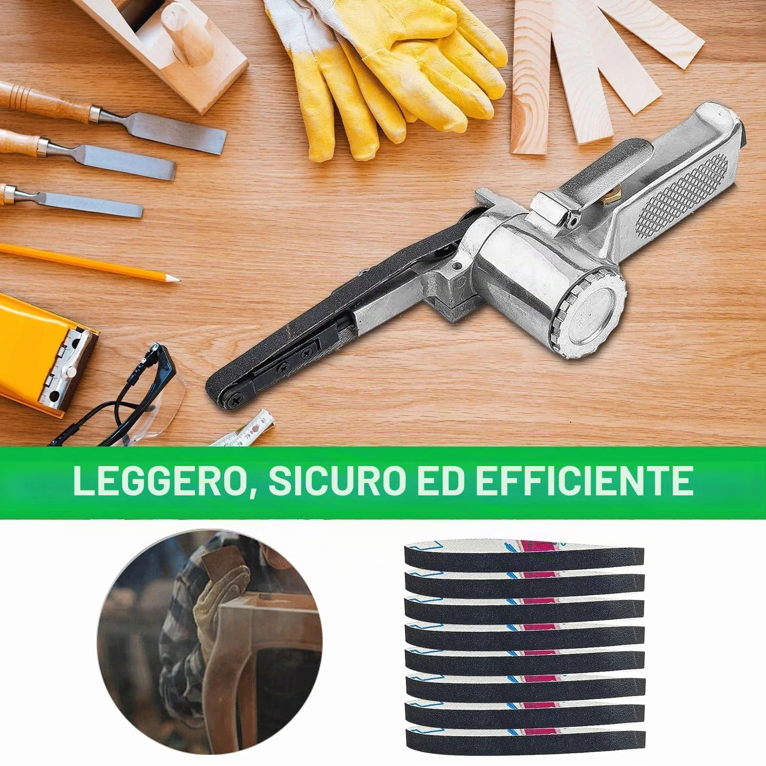 Levigatrice a Nastro per Legno Impugnatura Girevole 360° Pneumatica Ad Aria Compressa