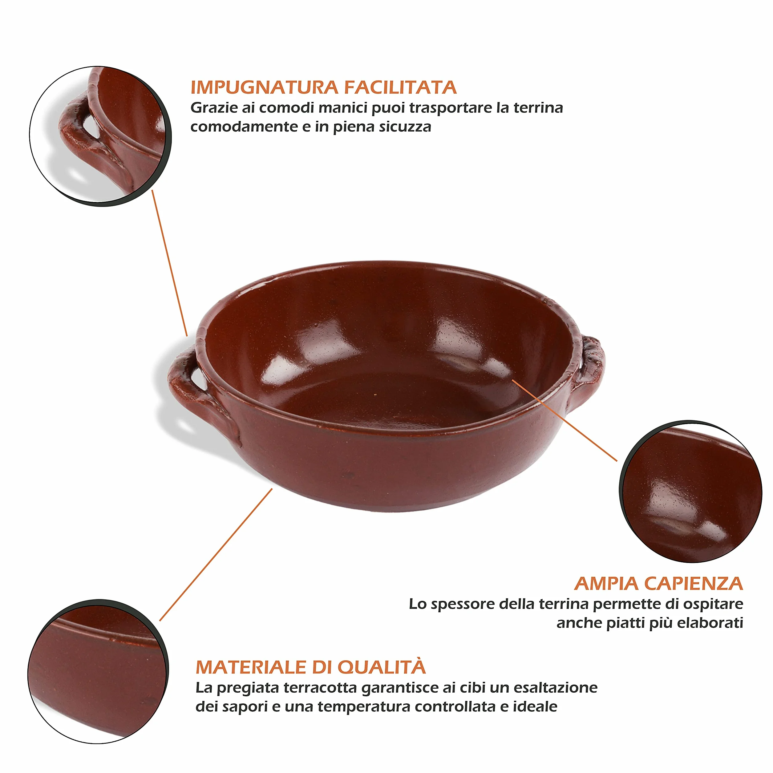 Kasalingo 6 Tegami in coccio monoporzione da Forno 12 Cm, terrine di Terracotta Che esaltano Il Sapore Naturale dei cibi, Ciotole in Terracotta per zuppe, Pasta al Forno 100% Made in Italy.