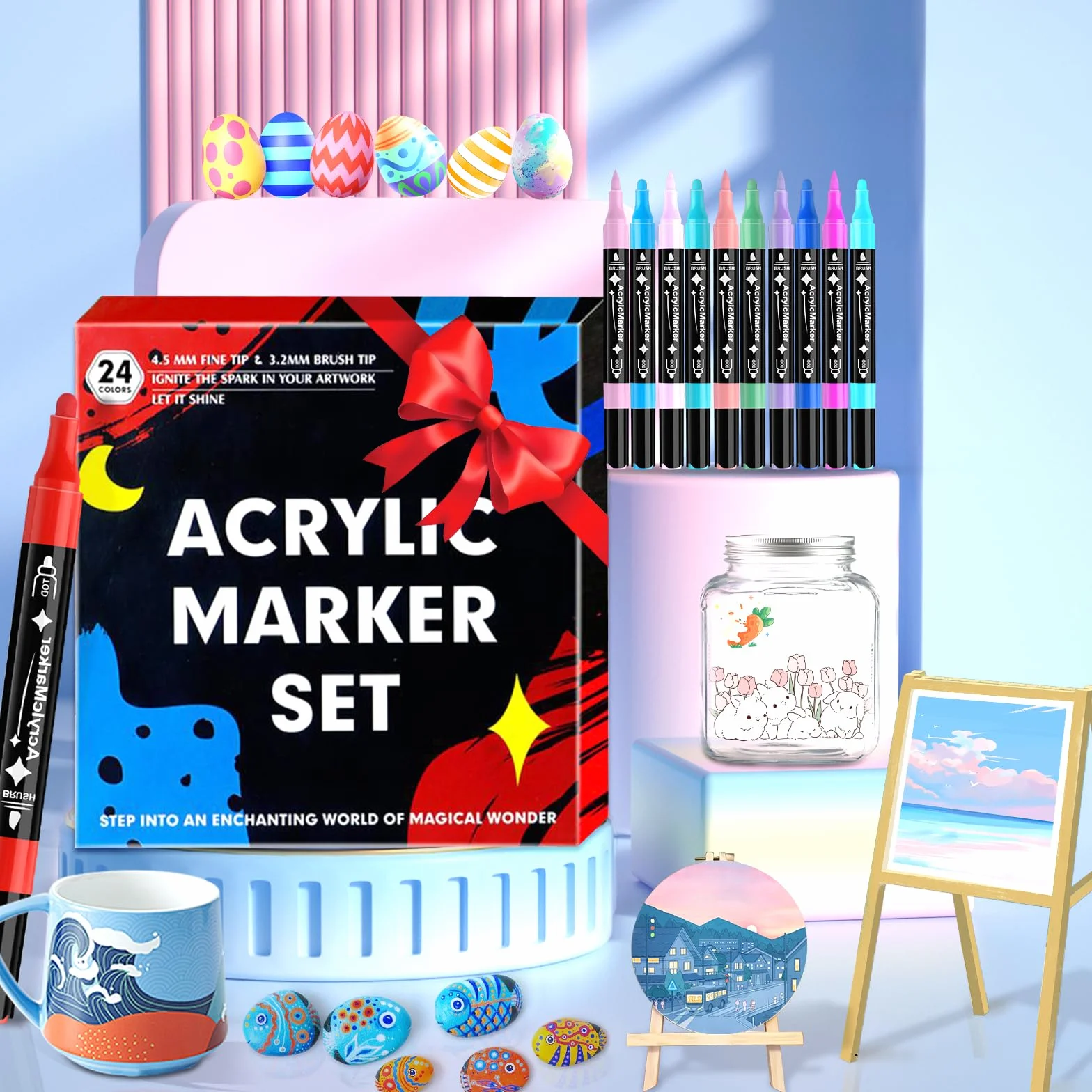 24 Colori Pennarelli Acrilici Doppia Punta,Set di Pennarelli a Punta fine e Media,Acrylic Marker Ad Acqua per Dipingere Sassi, Colorazione, Legno, Vetro, Tessuti, Pittura