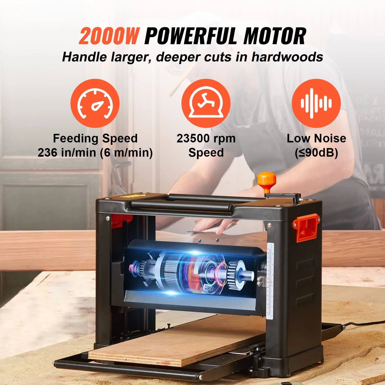VEVOR Pialla a Spessore 2000W per Legno Altezza Regolabile Lama Acciaio al Carbonio, Pialla Filo Spessore da 15A Velocità 23500 giri/min Larghezza max. 33 cm per Lavorazione di Legno da Falegnameria