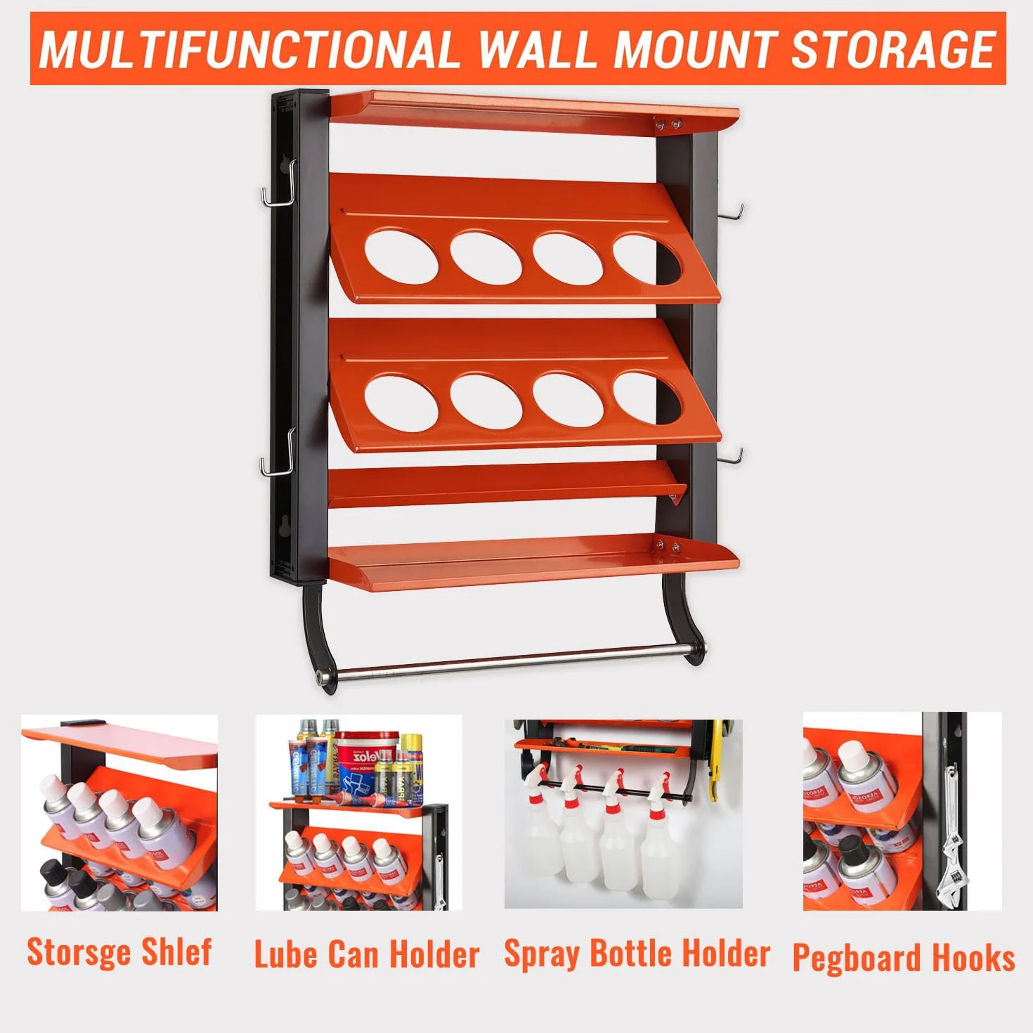 Wallmaster Supporto per bombolette spray, supporto da parete per bombolette lubrificanti, resistente, organizer per bottiglie di vernice per garage e casa, 8 fori per lattine e 2 ripiani