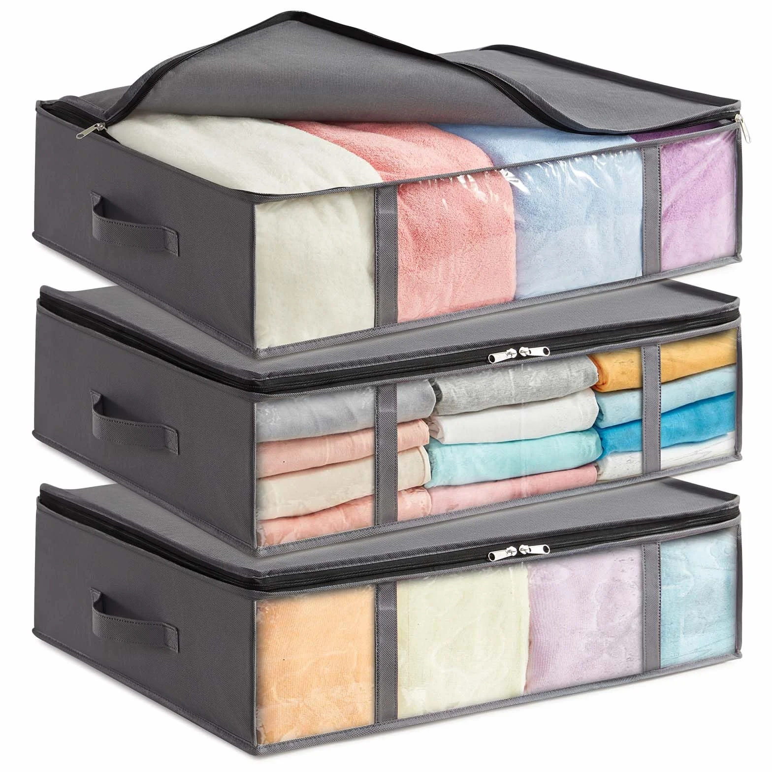 Lifewit Contenitori Sottoletto, Scatole Vestiti con Finestra Frontale Trasparente, Organizer per Armadi e Contenitori per Asciugamani, Vestiti, Coperte, Grigio, 40 L, 3 Pezzi
