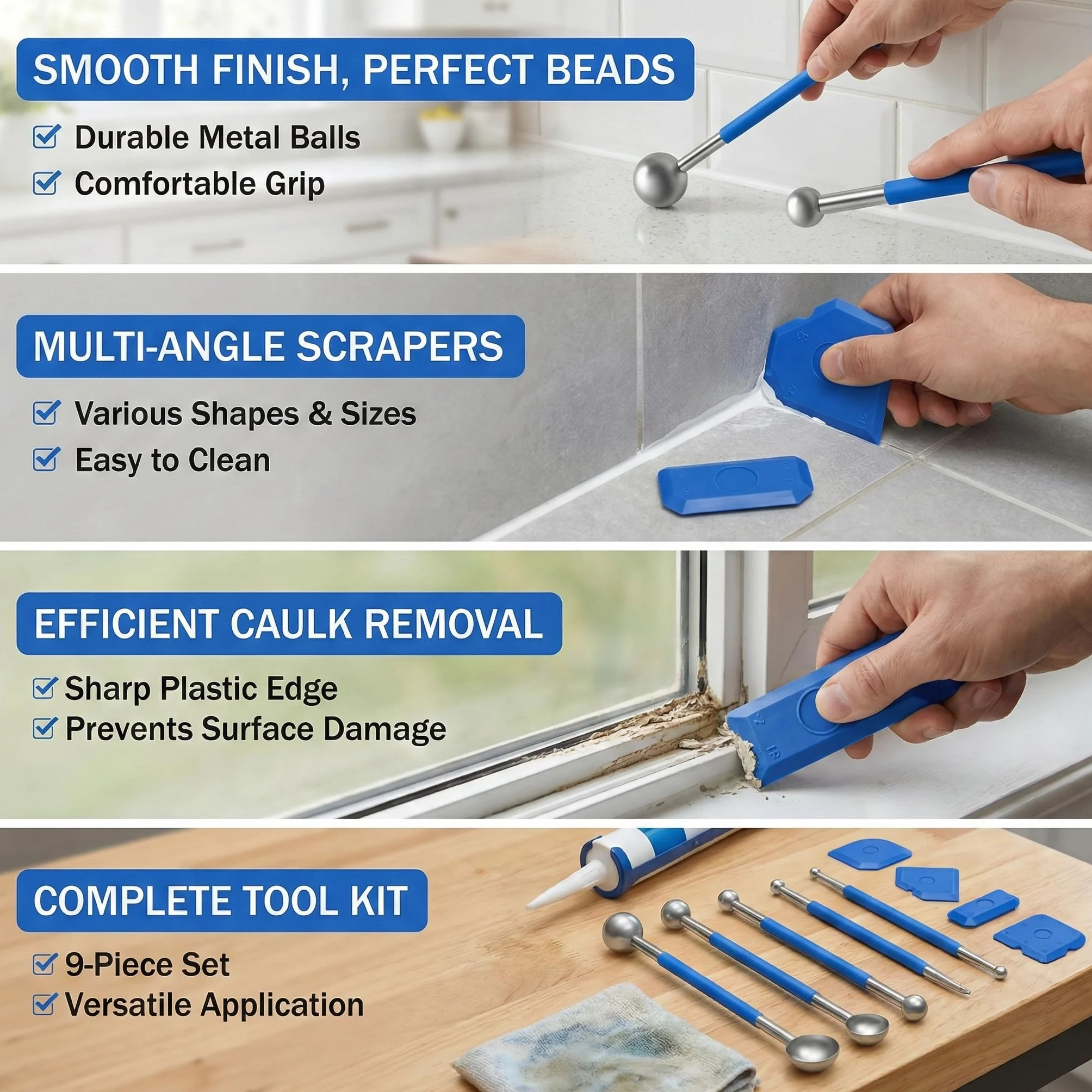 Set attrezzi per stuccatura 9 pezzi kit sigillante silicone con 4 tiralinee a sfera in metallo e 5 spatole in silicone diverse forme per fughe piastrelle bagno cucina fai da te riparazioni