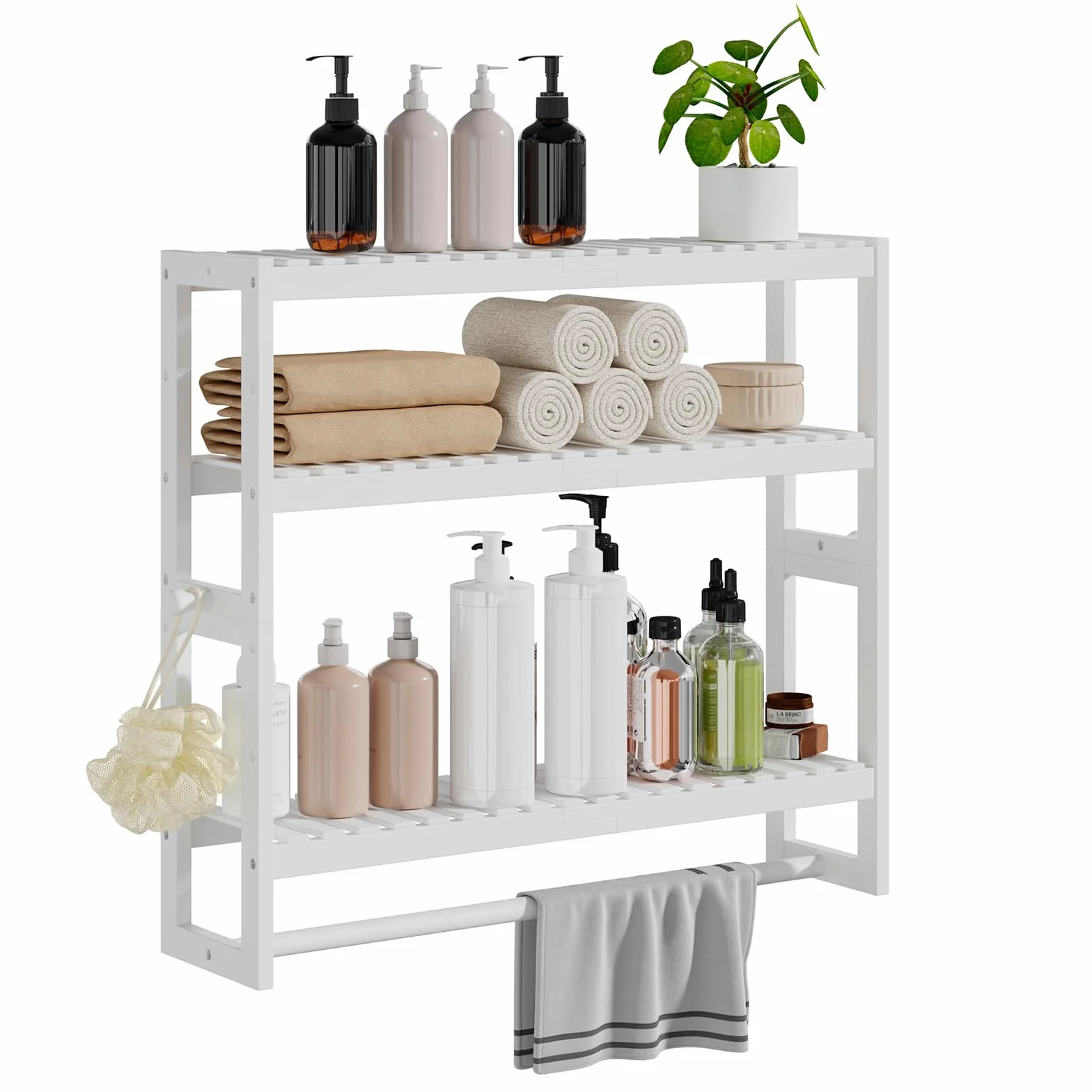 Mensola portaoggetti da bagno, 15 cm di profondità x 50 cm di larghezza x 53,2 cm di altezza, 3 livelli regolabili, montaggio a parete in bambù con barra, scaffale bianco, asta appendiabiti per bagno