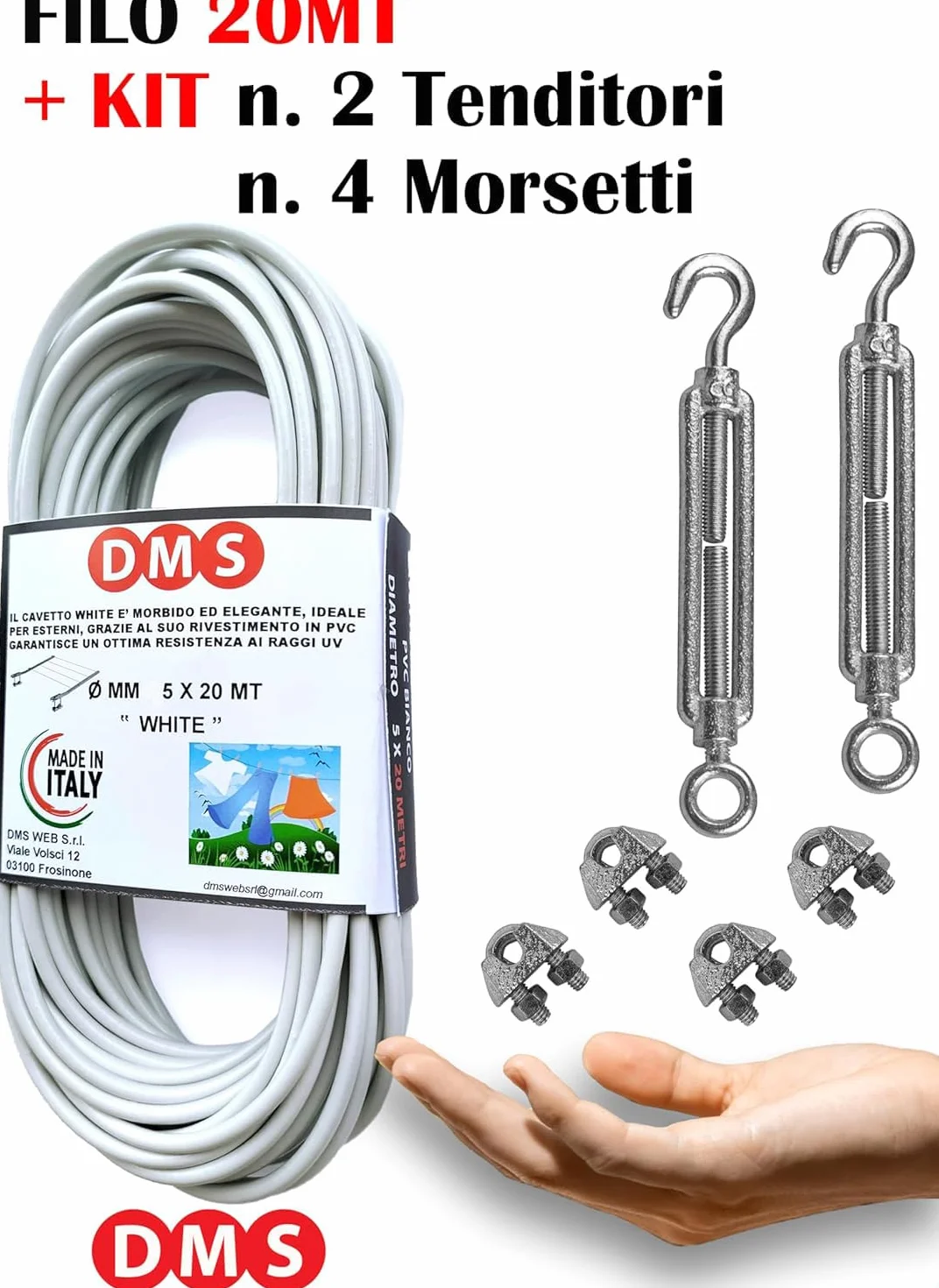 DMS Filo per stendere il bucato da esterno 20Mt - diametro mm 5. Resistente. Cavetto in acciao rivestito, stendibiancheria Prodotto Italiano (20 MT)