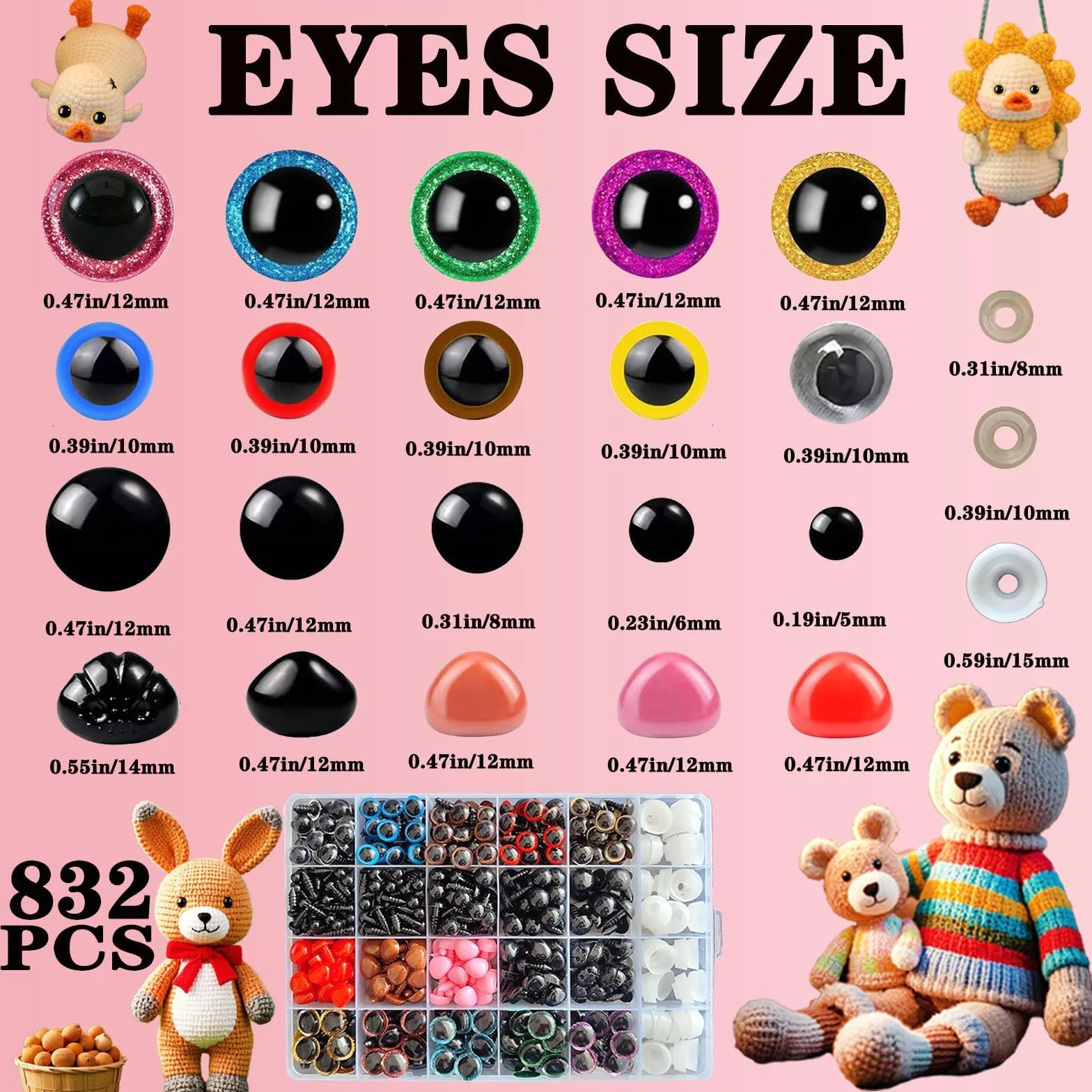 Kit Strumento Occhi di Sicurezza Rosa 1150 PCS con Pinza Ergonomica per Occhi Amigurumi 3D Glitter, 5-30 mm per Animali all’Uncinetto, Pupazzi e Peluche, Accessori Fai da Te con Rondelle e Nasi