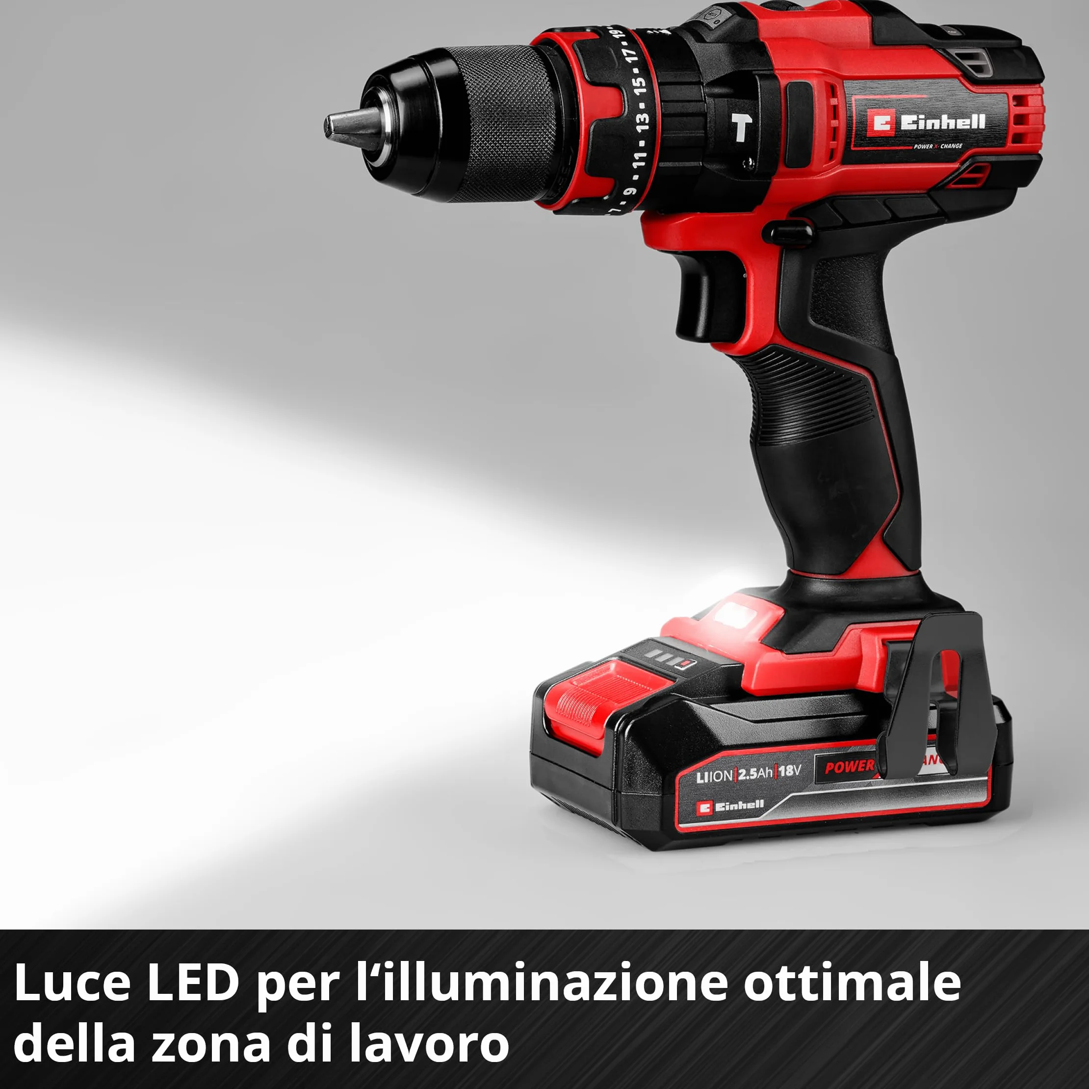 Einhell Trapano a percussione a batteria TE-CD 18/44 Li-i (1x2,5Ah) Power X-Change (18 V, 44 Nm, funzione percussione, mandrino in metallo 13 mm, 2 velocità, batteria da 2,5 Ah e caricabatterie)