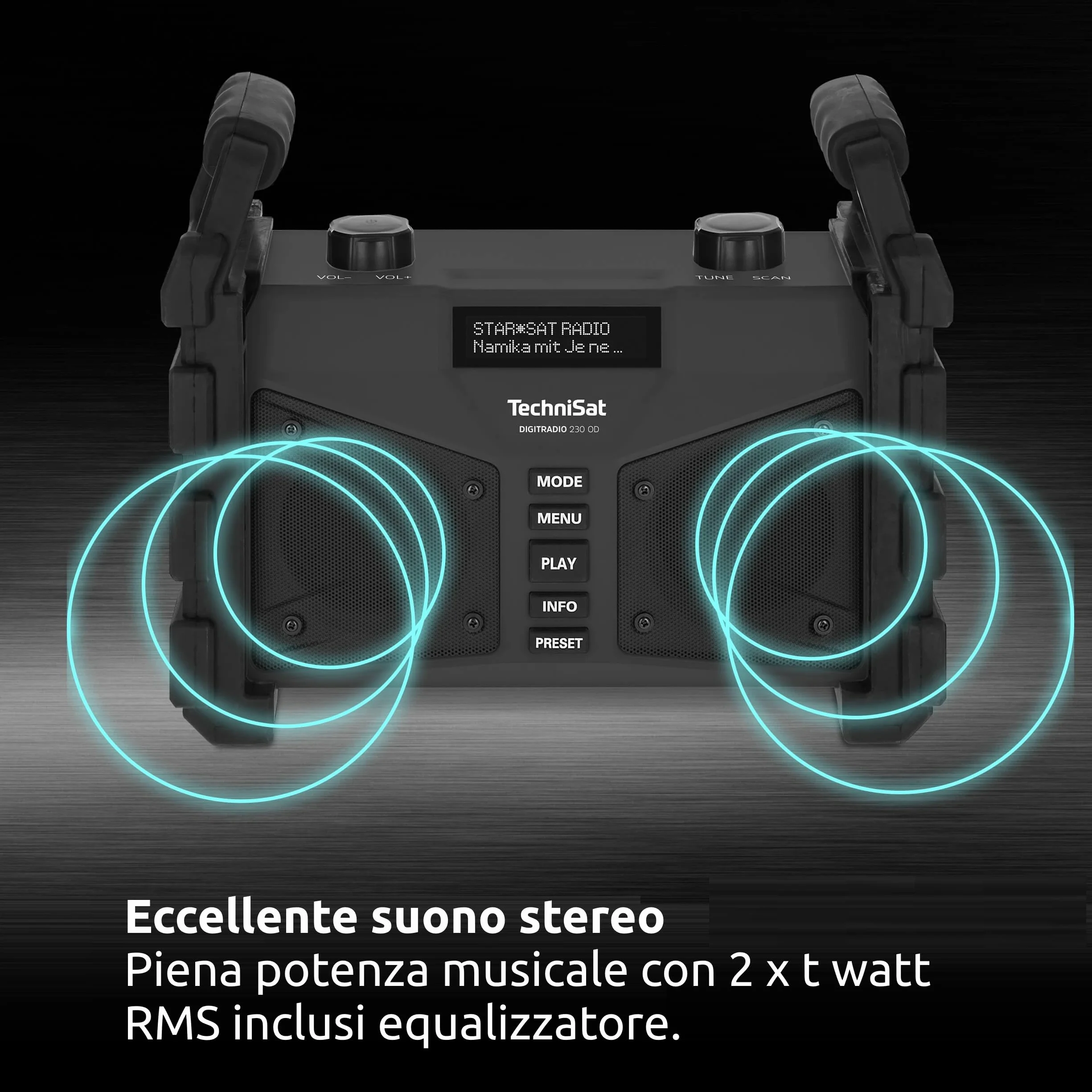 TechniSat DIGITRADIO 230 OD - Radio da cantiere DAB+ (DAB+, DAB, FM, USB, AUX in, Bluetooth, potente batteria ricaricabile, memoria preferiti, 2 altoparlanti stereo da 6 watt) nero