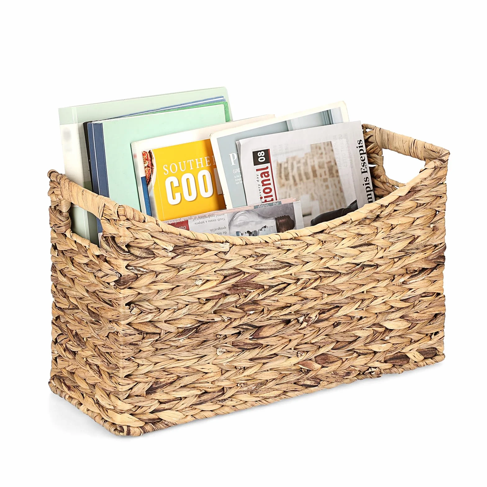 Portariviste stabile in giacinto d'acqua, cestino portaoggetti in tessuto, portariviste con manico, cestino in vimini per libri, riviste, carta come regalo, 43 x 16 x 25 cm