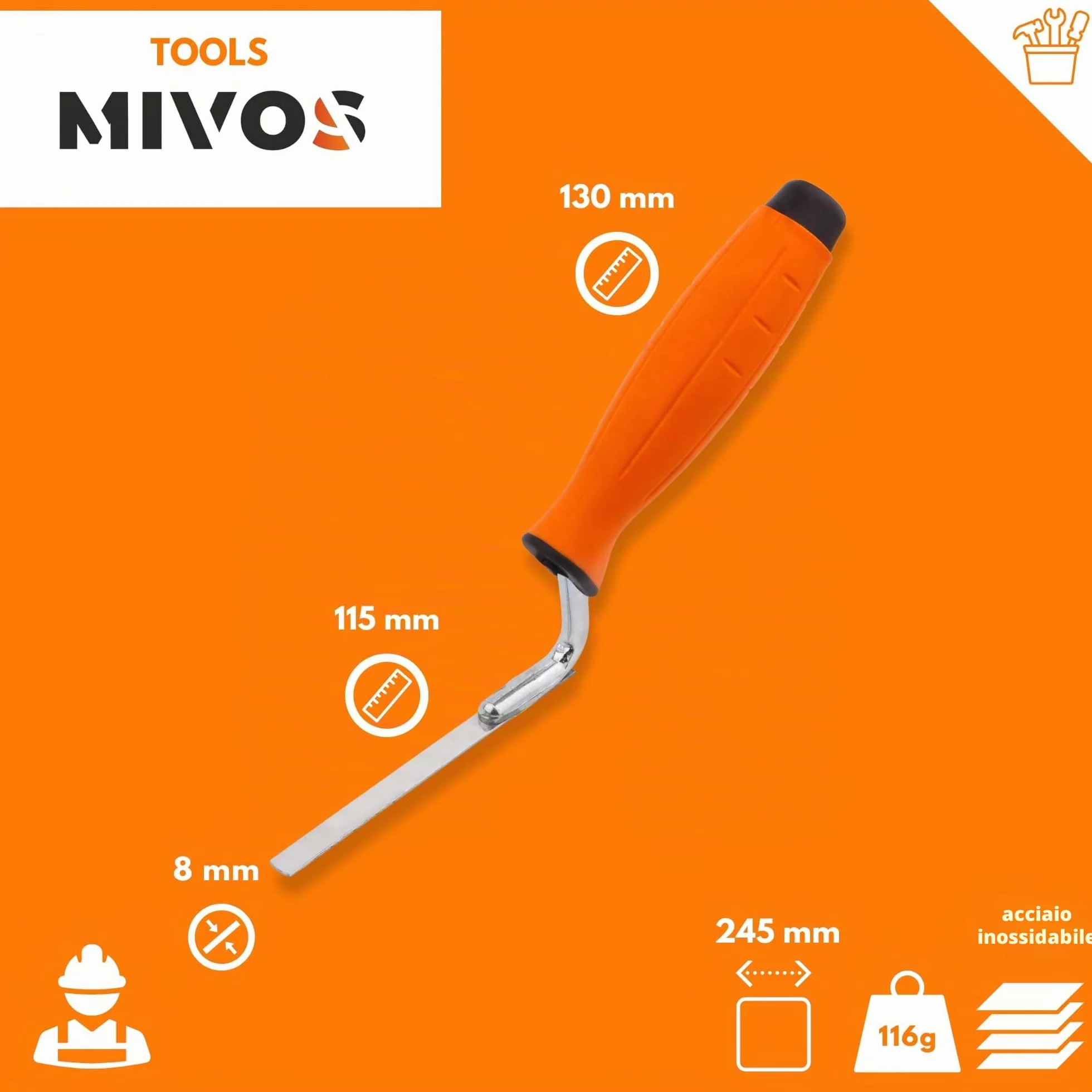 Mivos Cazzuola per Fughe e Mattoni, 8 mm/Cazzuola per Stuccatura con Lama Flessibile in Acciaio Inox/Spatola per Fughe con Impugnatura Antiscivolo/Prodotto in UE